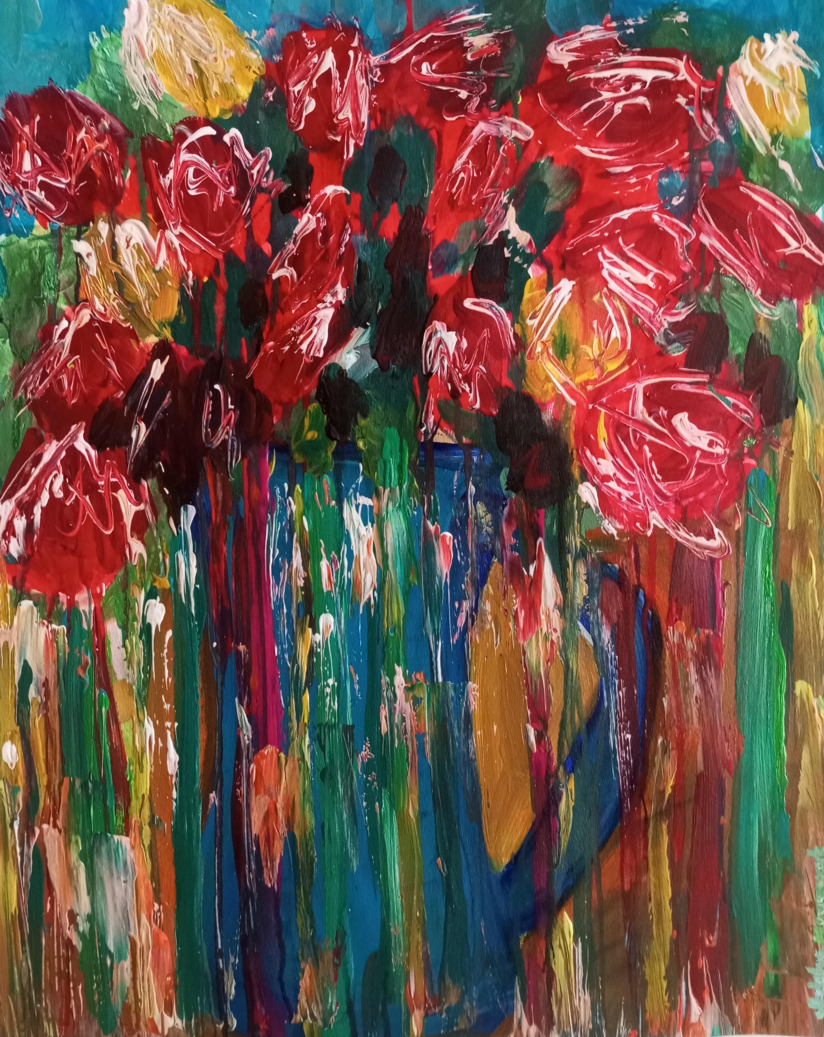 Natalya Mougenot  Still-Life Painting – Rosen in einer blauen Vase 