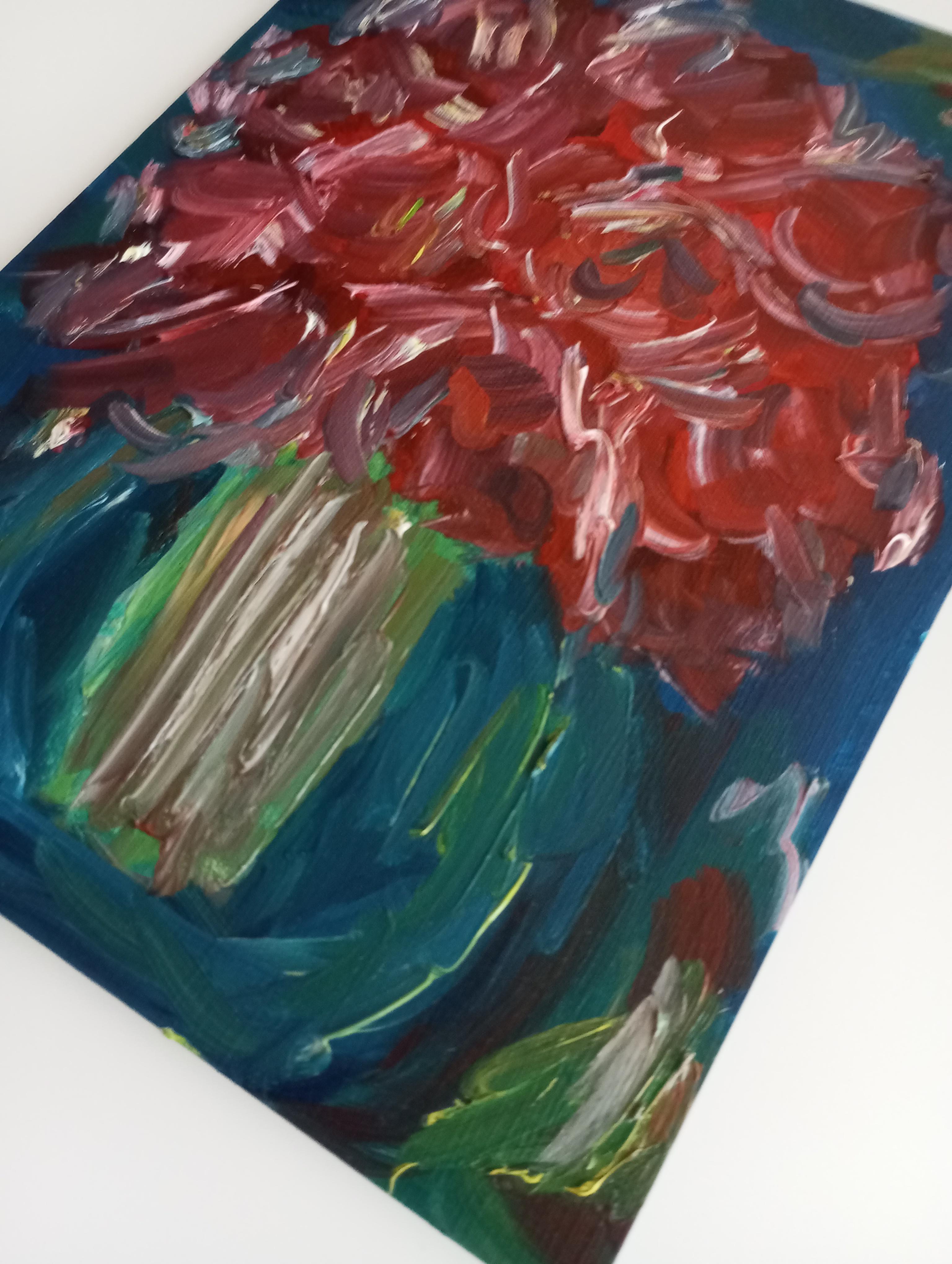 Opera impressionista semi-astratta contemporanea di rose rosse - 