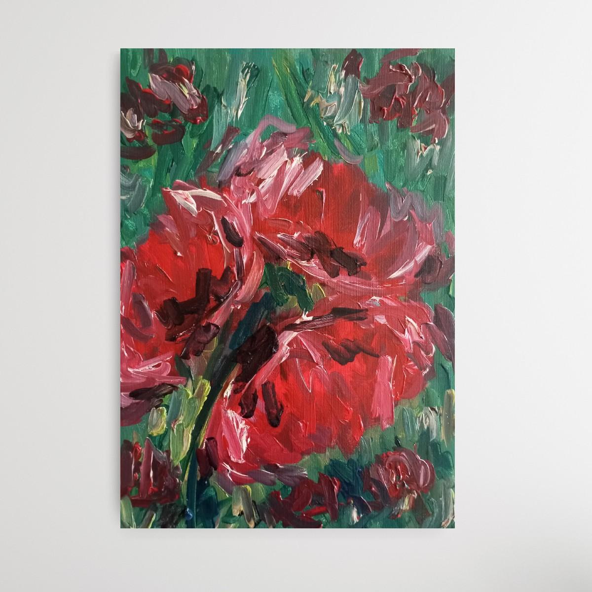 Fusion aus roten Rosen  (Abstrakter Impressionismus), Painting, von Natalya Mougenot 