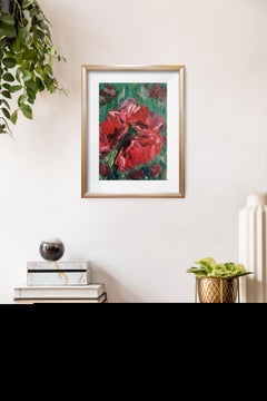 Peinture à l'huile contemporaine expressive et florale sur papier « Fusion de roses rouges »