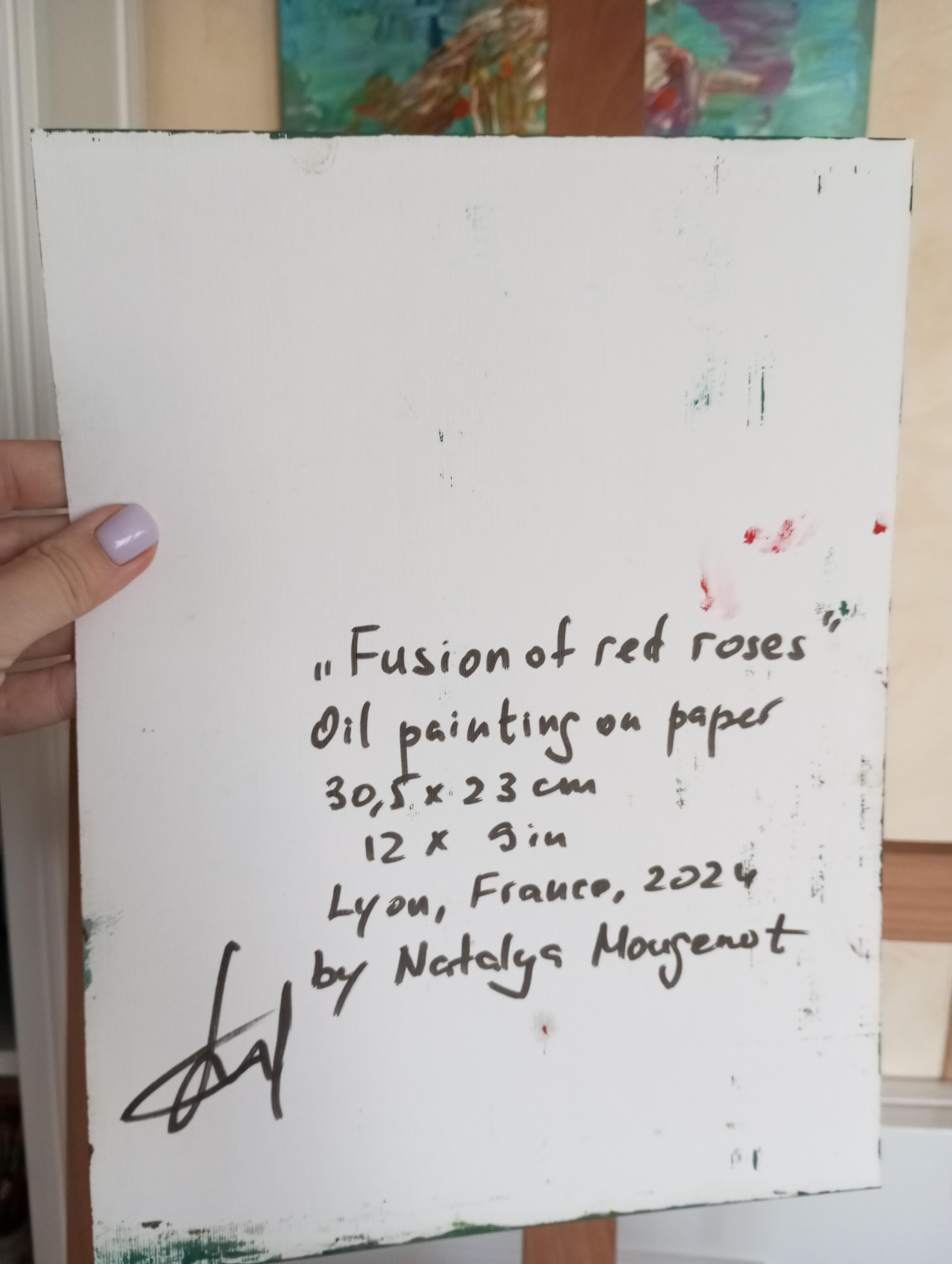 Fusion of red roses  - Brown Abstract Painting by Natalya Mougenot 