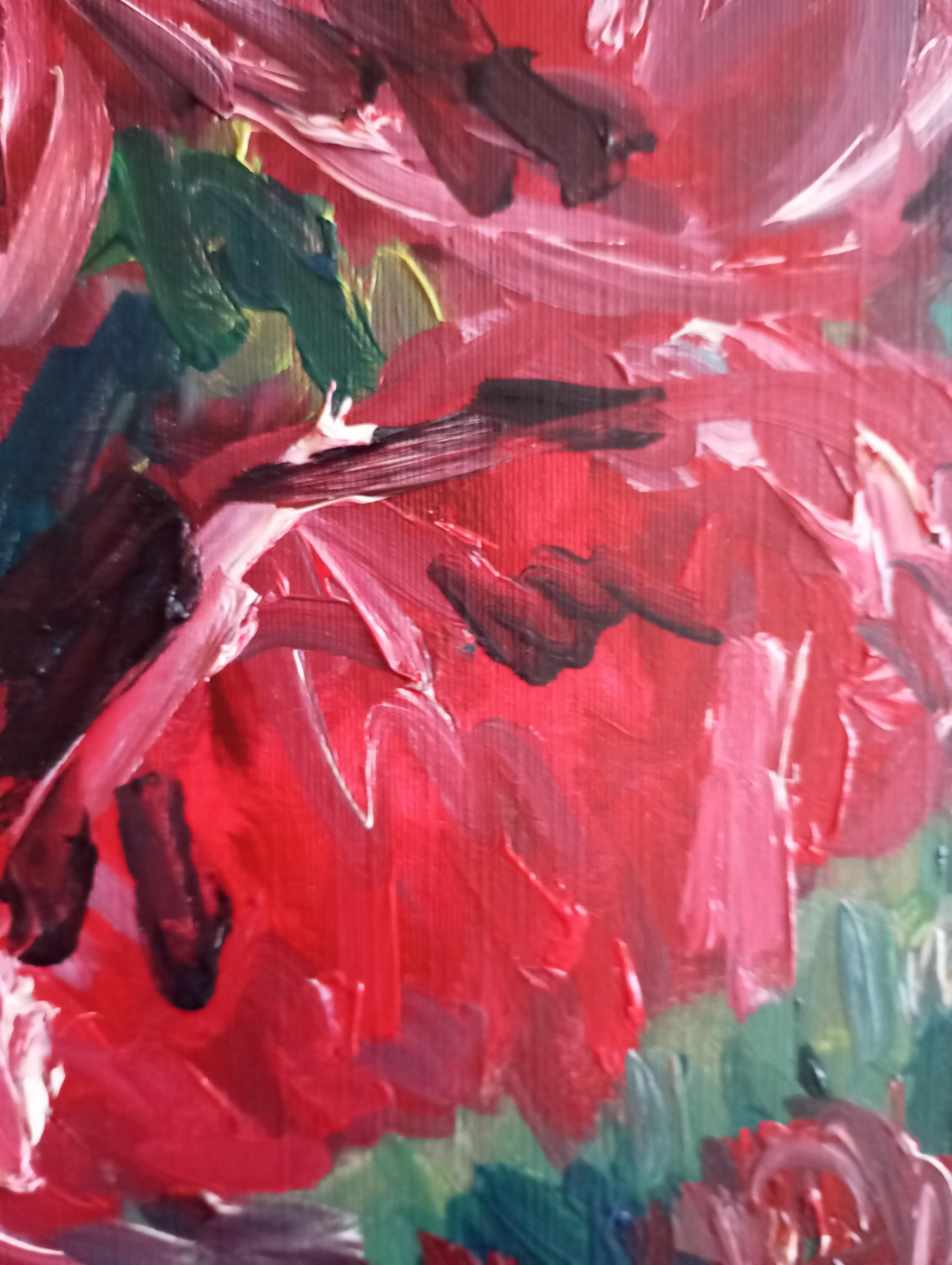 Peinture à l'huile contemporaine expressive et florale sur papier  « Fusion de roses rouges » en vente 4