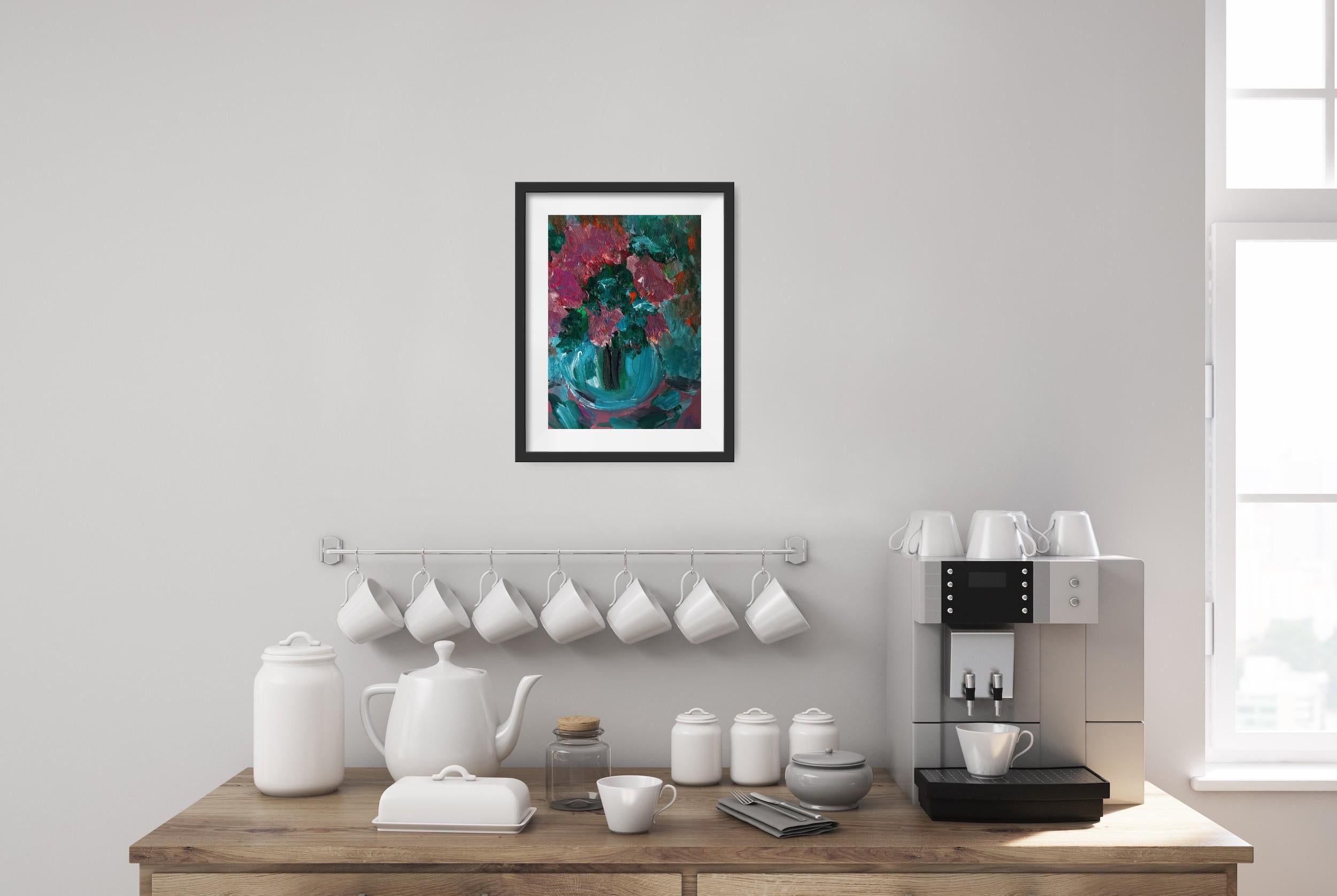 Small contemporary expressive floral painting on paper vase with flowers - Painting by Natalya Mougenot 