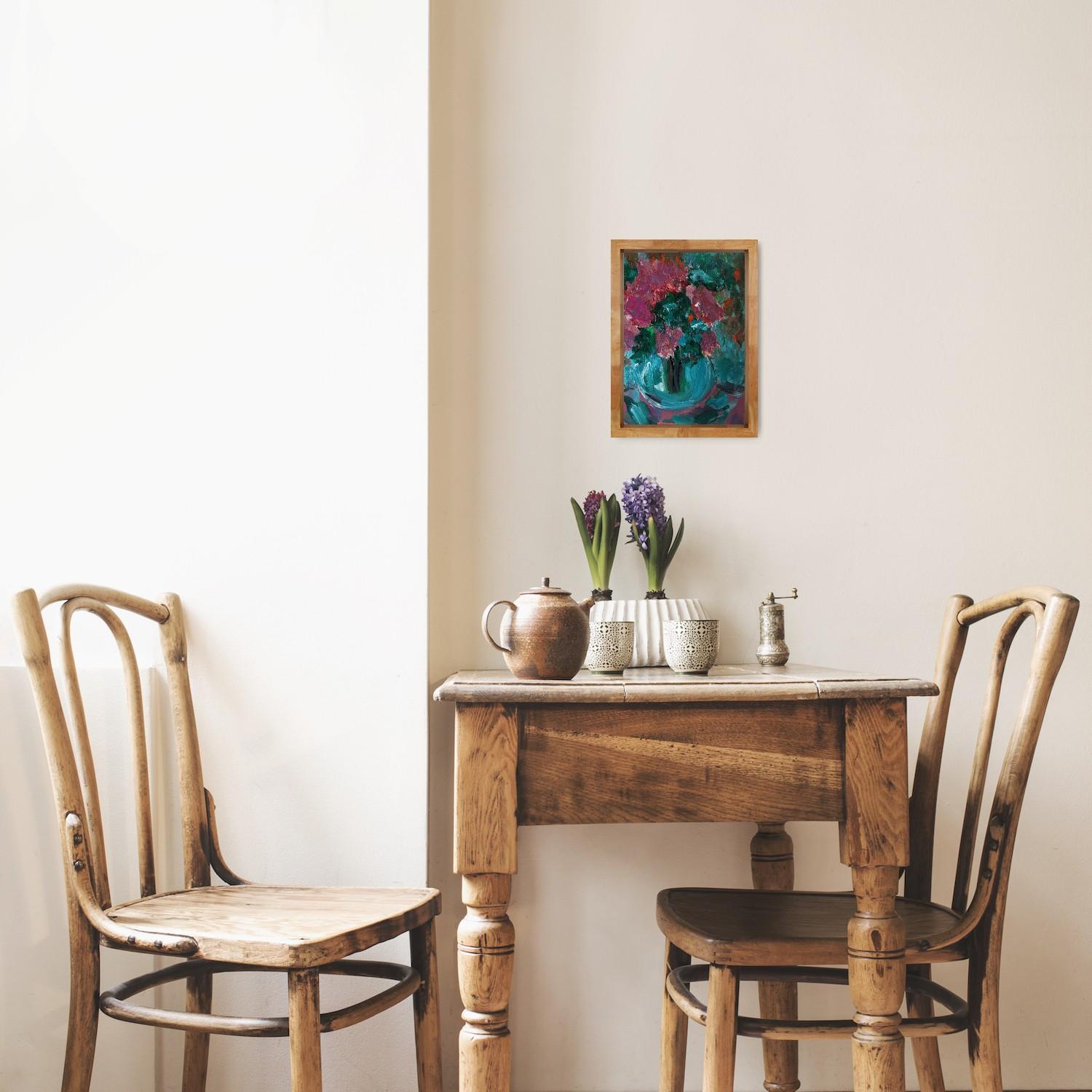 Small contemporary expressive floral painting on paper vase with flowers - Black Abstract Painting by Natalya Mougenot 