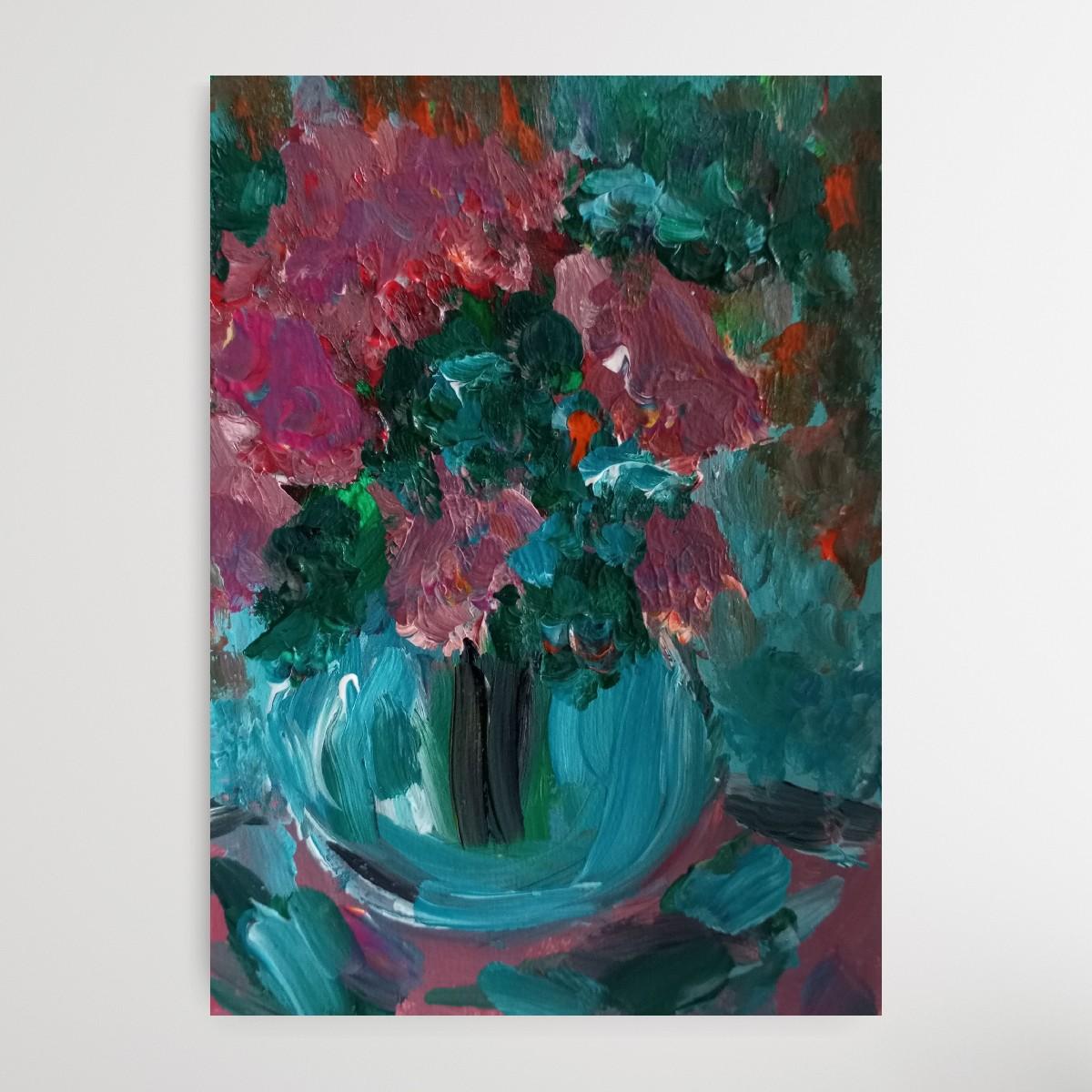 Small contemporary expressive floral painting on paper vase with flowers For Sale 2