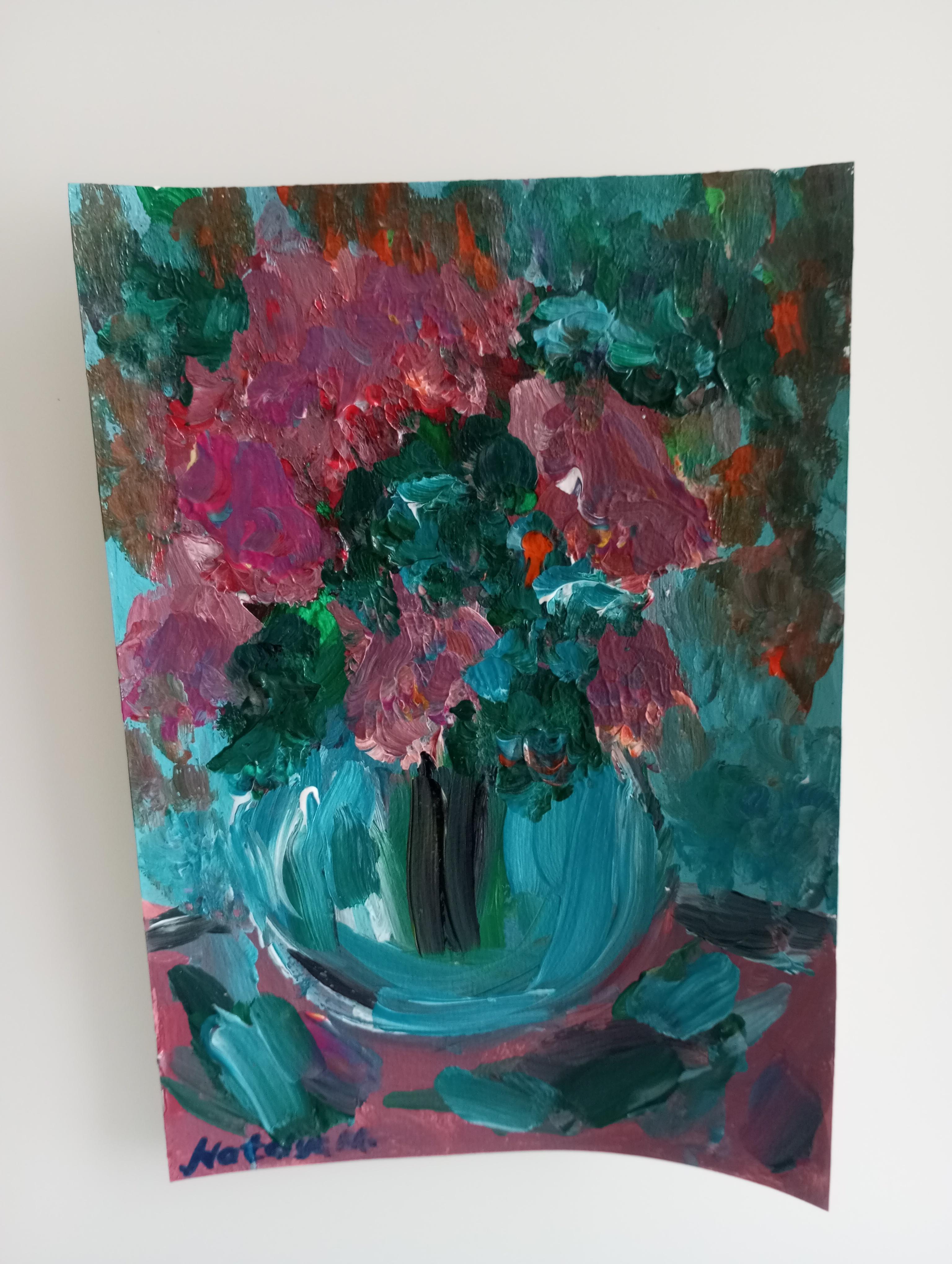 Small contemporary expressive floral painting on paper vase with flowers For Sale 11