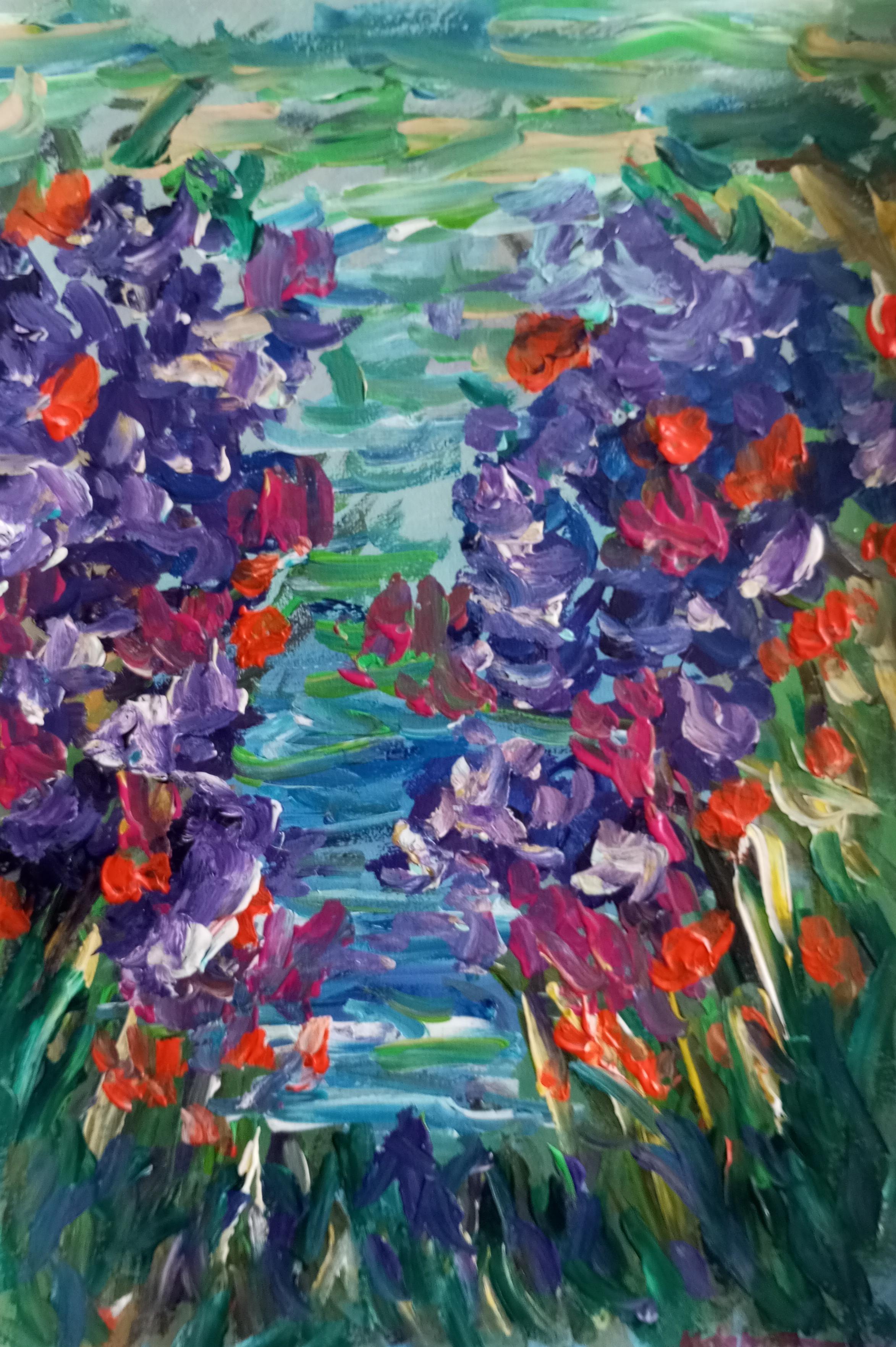 Natalya Mougenot  Abstract Painting - Water irises by the pond