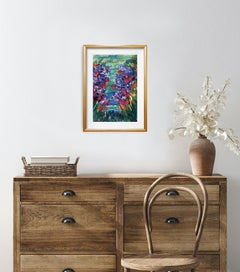 Contemporary abstract impressionist floral paining "Water irises by the pond"