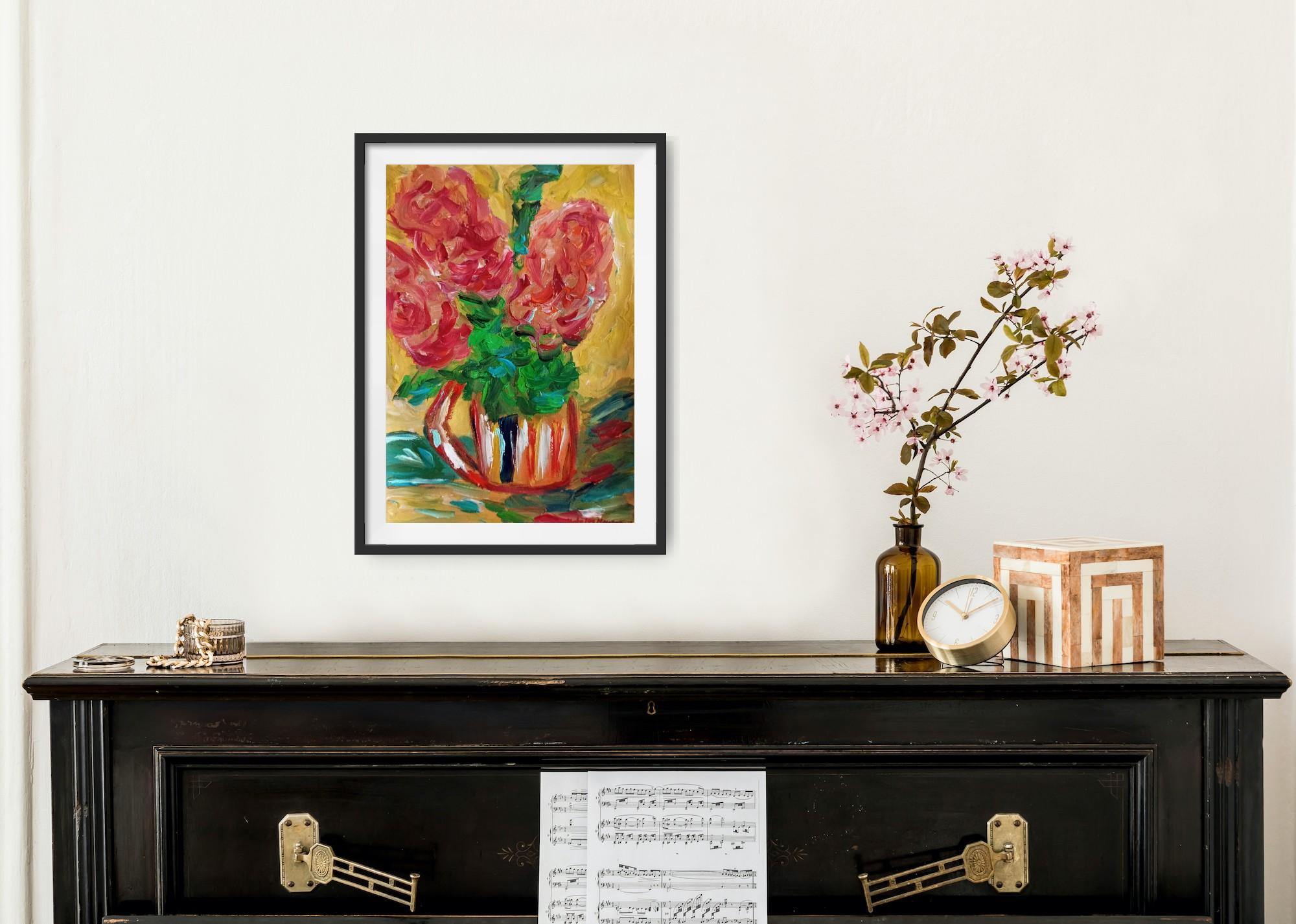 Diese zeitgenössische bunte  florla Kunstwerk zeigt einen Strauß von  blühende, leuchtend orangefarbene Hortensie in einer Vase.

Dieses Kunstwerk gehört zu meiner 