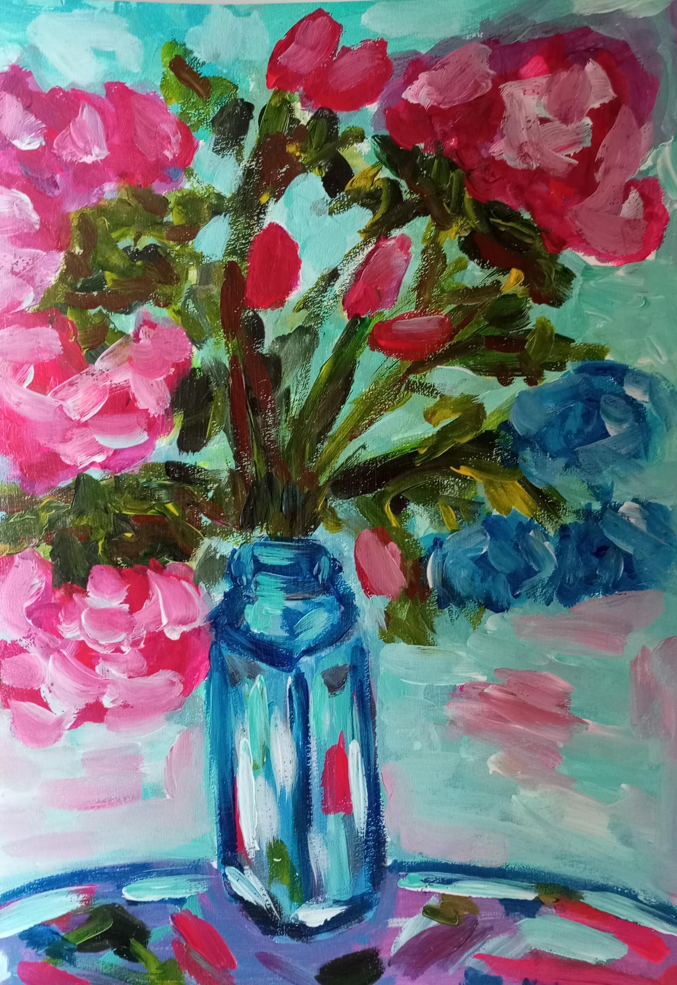 "Vaso della felicità con fiori rosa" (dipinto floreale contemporaneo espressivo)
