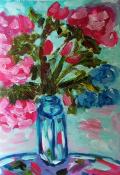 "Happiness vase with pink flowers " ( expressive contemporary floral painting)