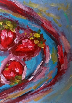 "Tre fragole su un piatto" (arte acrilica espressiva e colorata su carta)