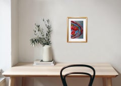 « Trois fraises sur une assiette » (art acrylique coloré expressif sur papier)