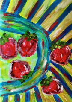 Contemporary still-life expressive acrylic painting of strawberries on paper