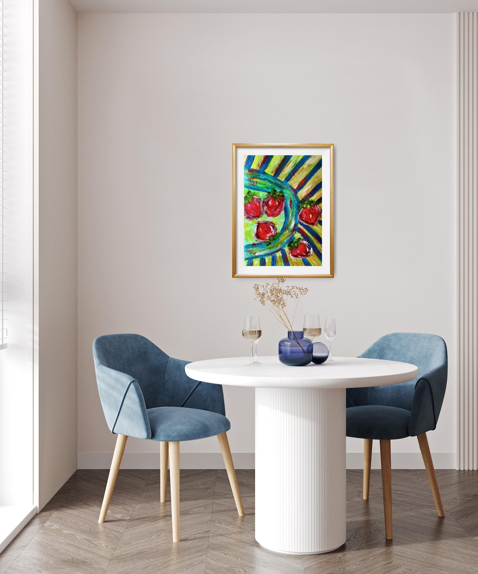 Pittura acrilica espressiva di natura morta contemporanea di fragole su carta - Painting di Natalya Mougenot 