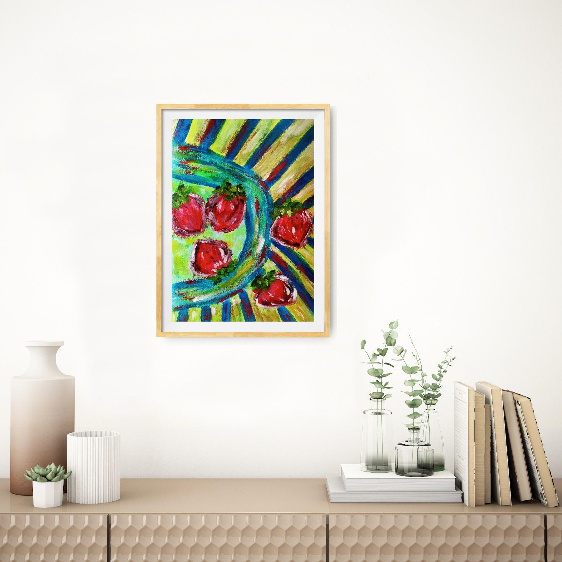 Pittura acrilica espressiva di natura morta contemporanea di fragole su carta - Painting Contemporaneo di Natalya Mougenot 