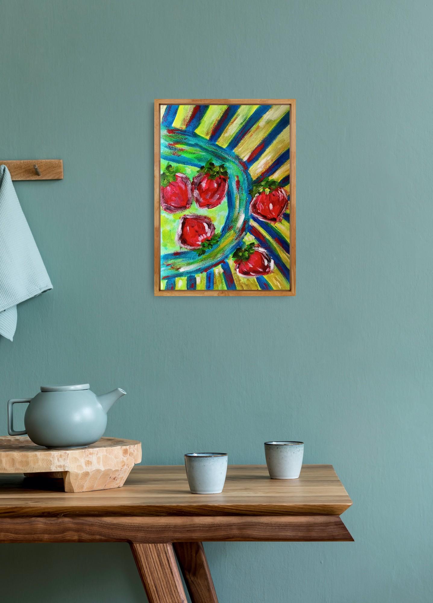 Pittura acrilica espressiva di natura morta contemporanea di fragole su carta - Still-Life Painting Grigio di Natalya Mougenot 