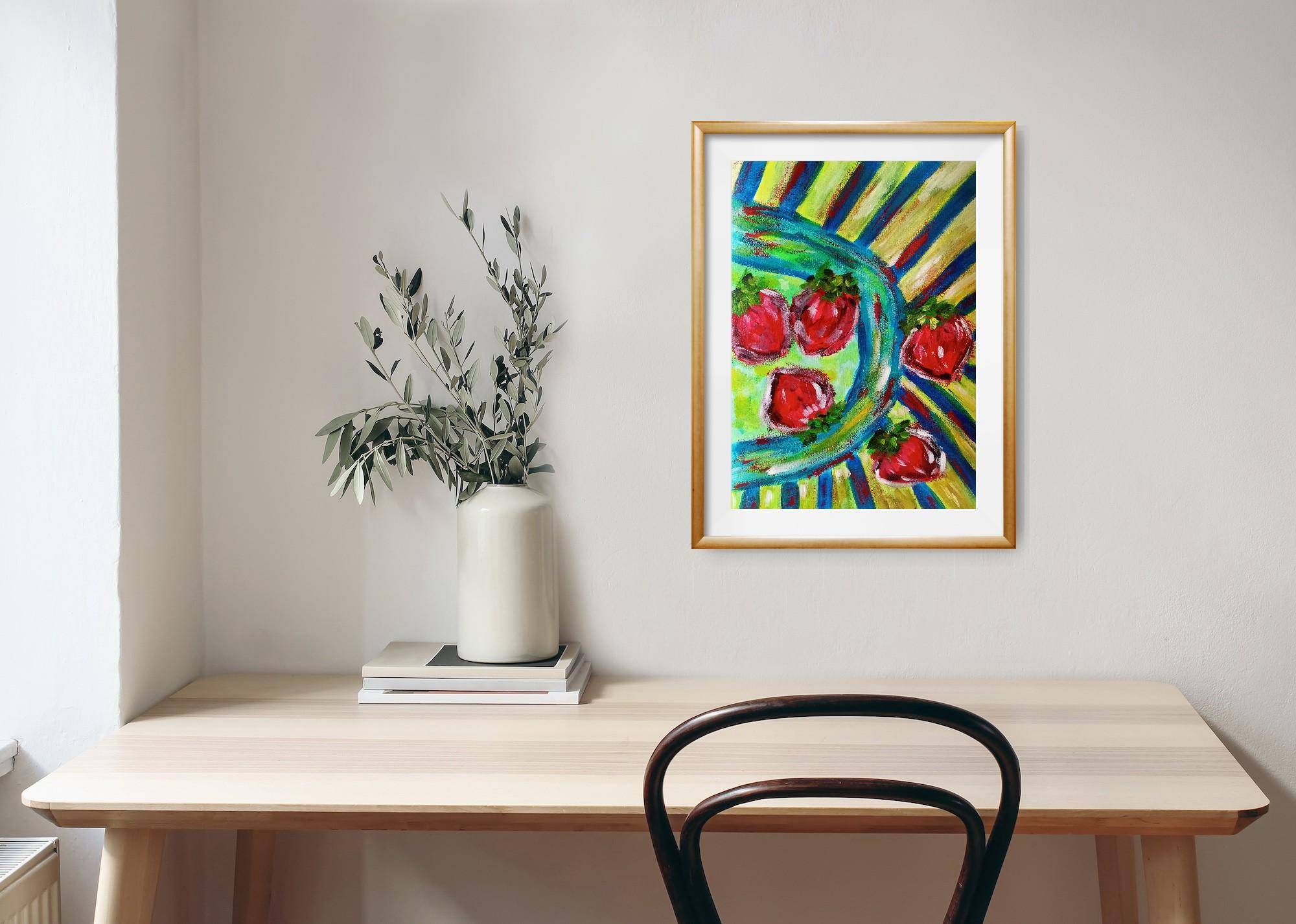 Pittura acrilica espressiva di natura morta contemporanea di fragole su carta in vendita 1