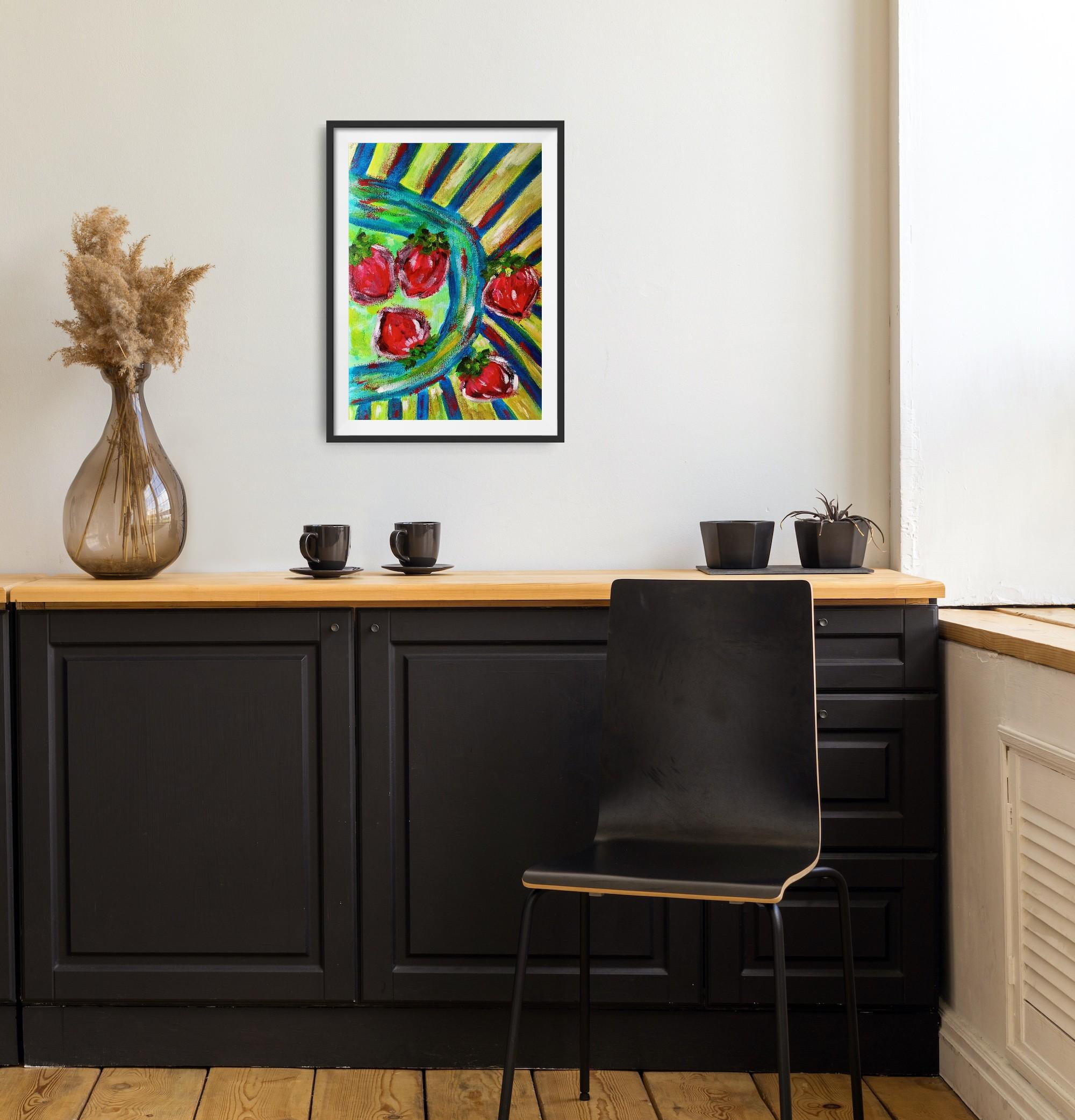 Pittura acrilica espressiva di natura morta contemporanea di fragole su carta in vendita 2