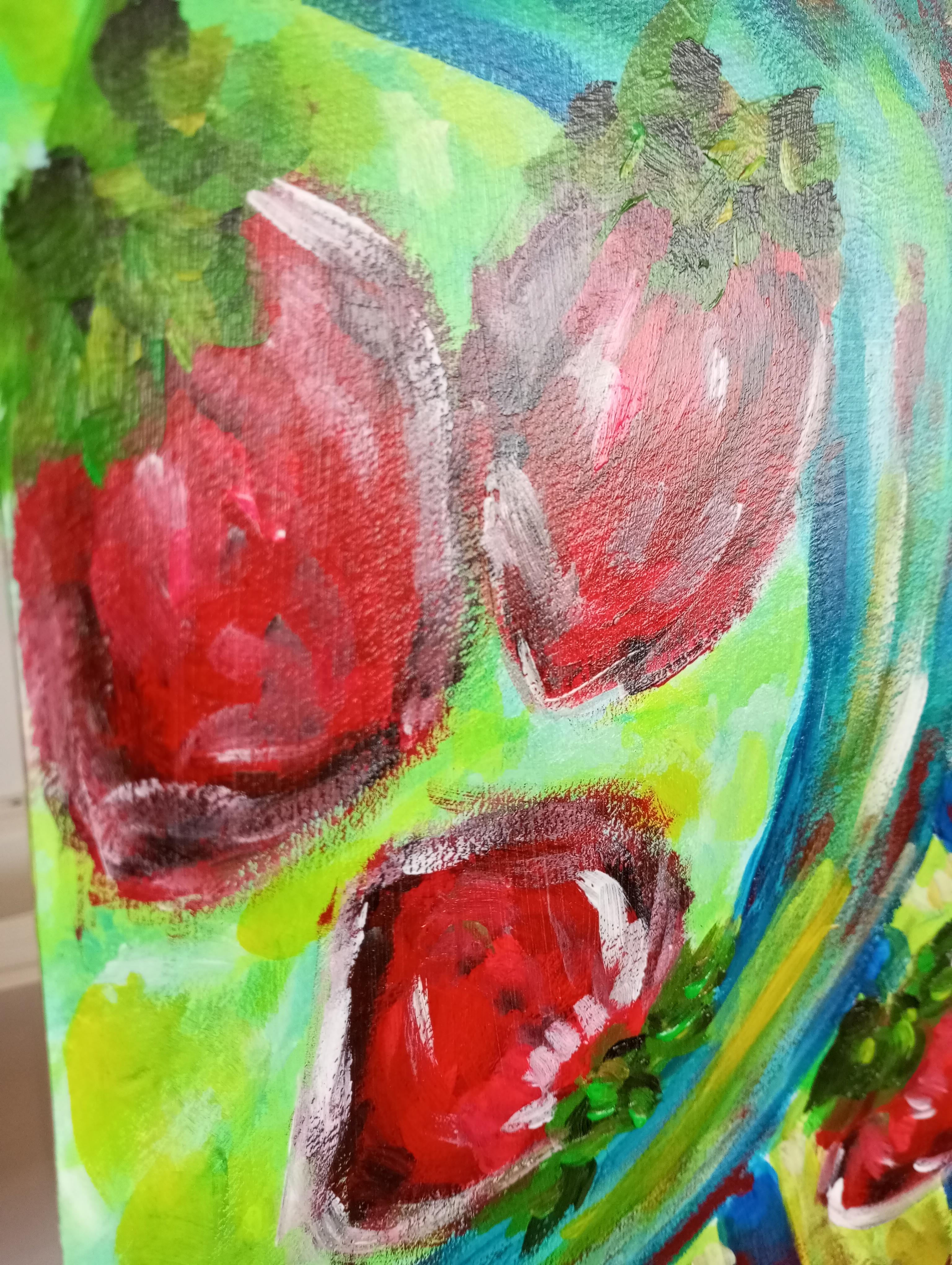 Pittura acrilica espressiva di natura morta contemporanea di fragole su carta in vendita 5
