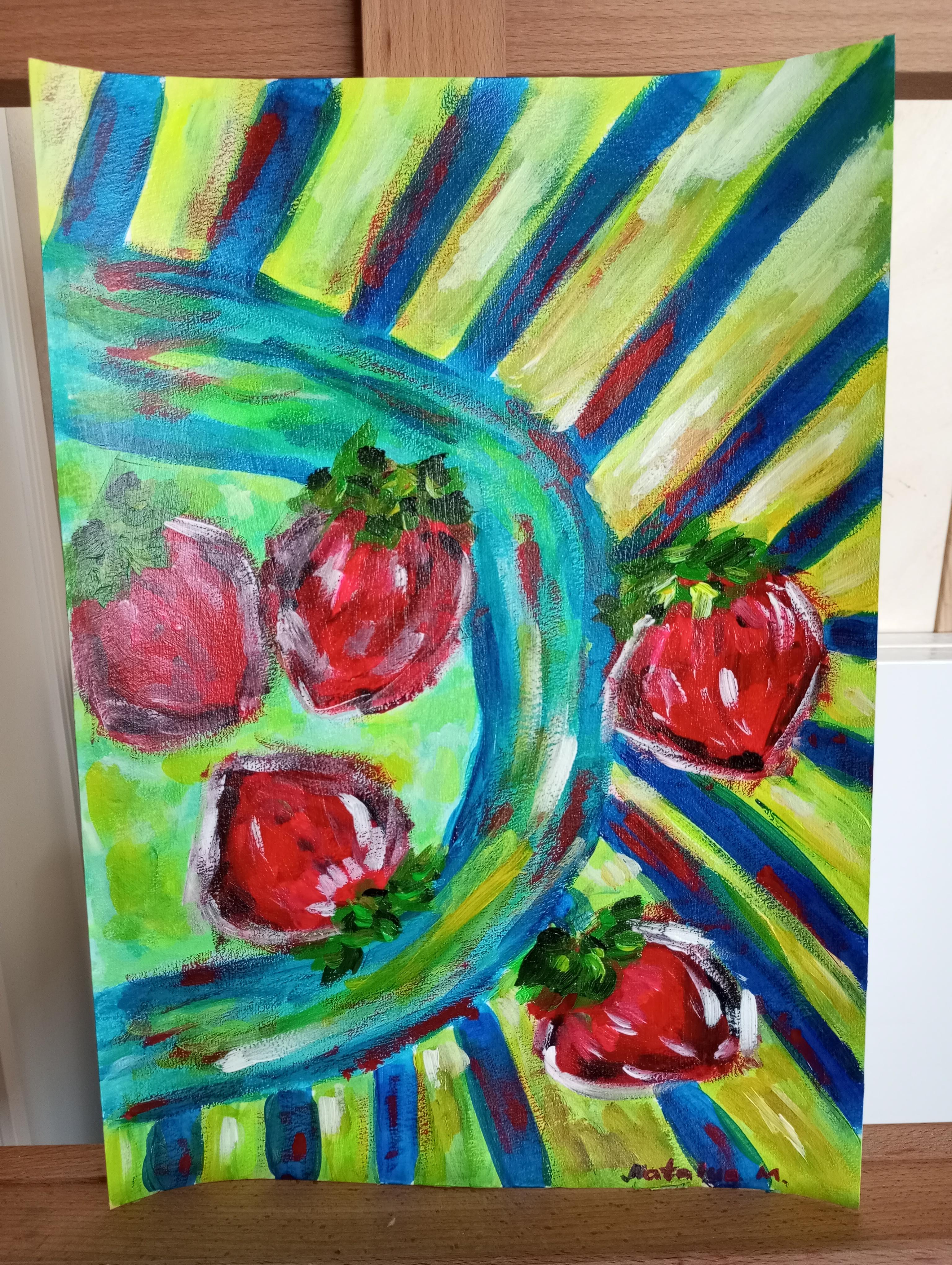 Pittura acrilica espressiva di natura morta contemporanea di fragole su carta in vendita 6