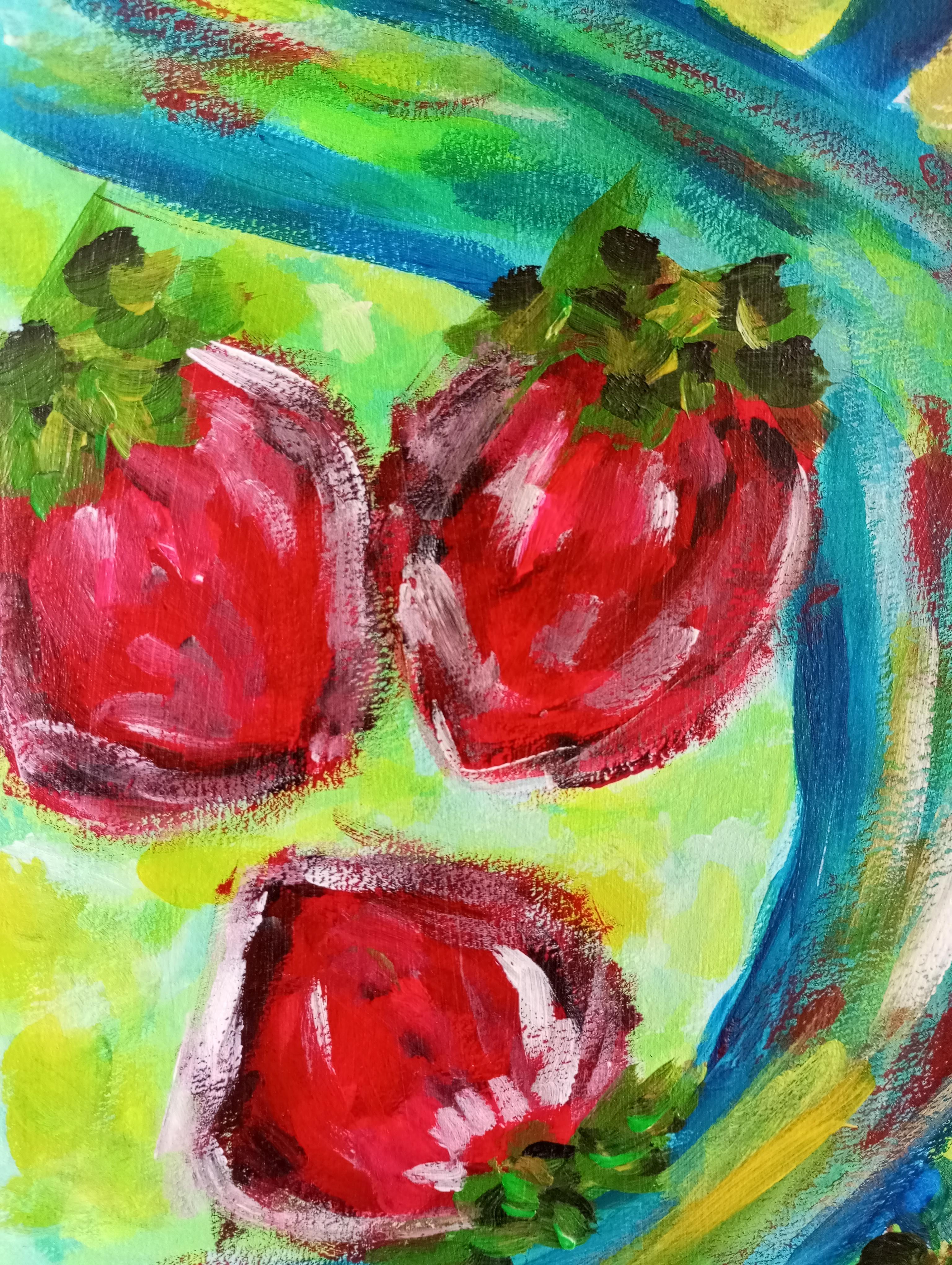 Pittura acrilica espressiva di natura morta contemporanea di fragole su carta in vendita 9