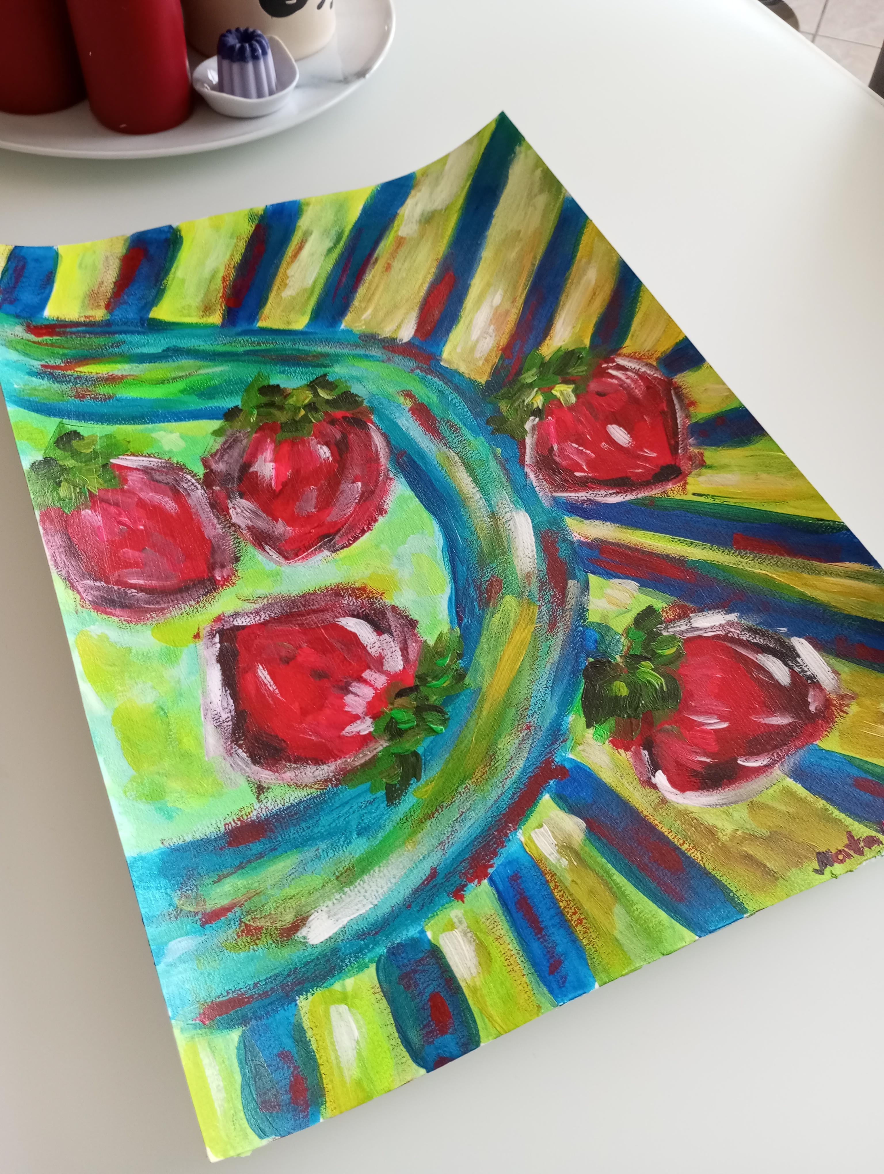 Pittura acrilica espressiva di natura morta contemporanea di fragole su carta in vendita 12