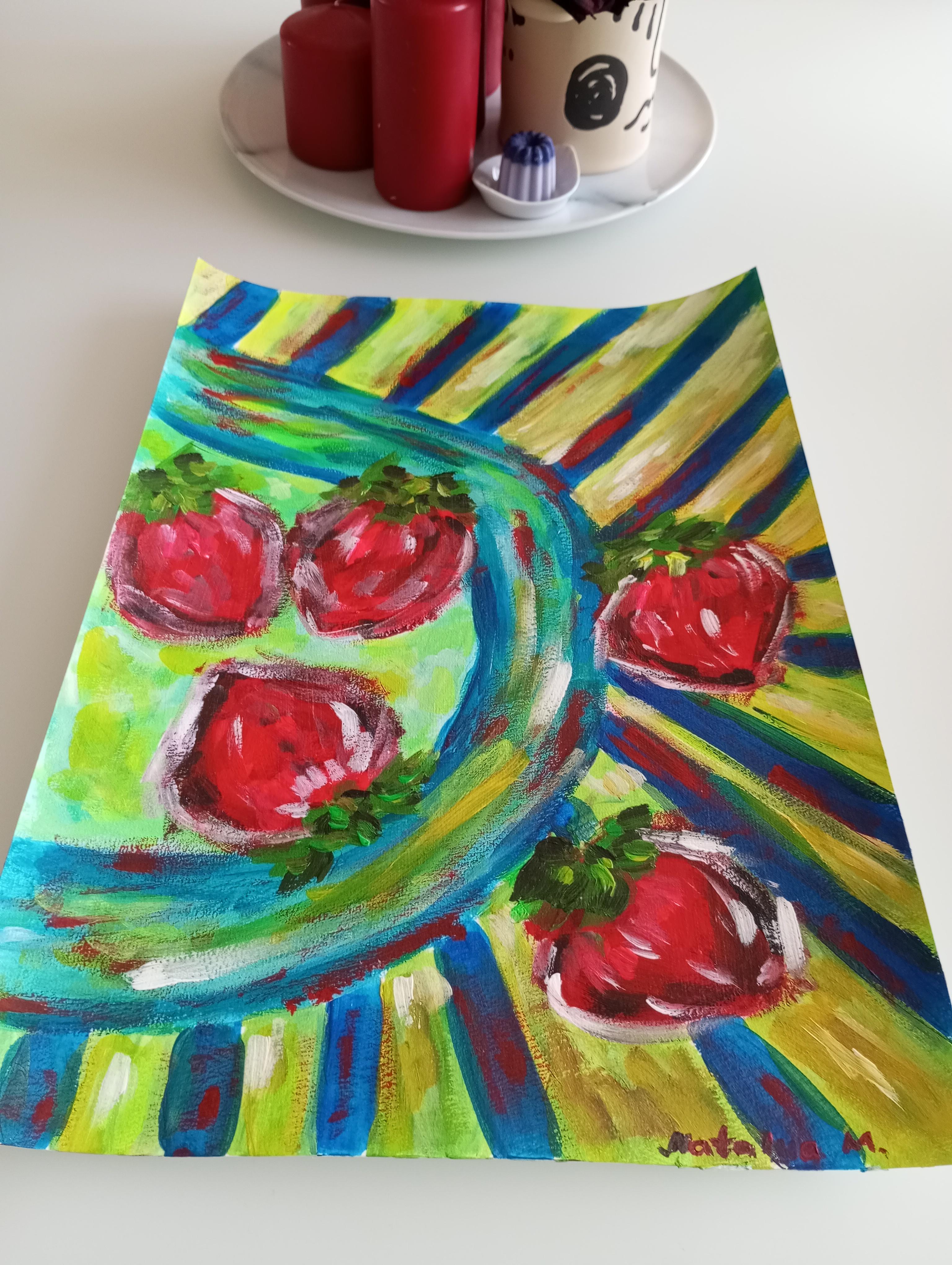 Pittura acrilica espressiva di natura morta contemporanea di fragole su carta in vendita 10