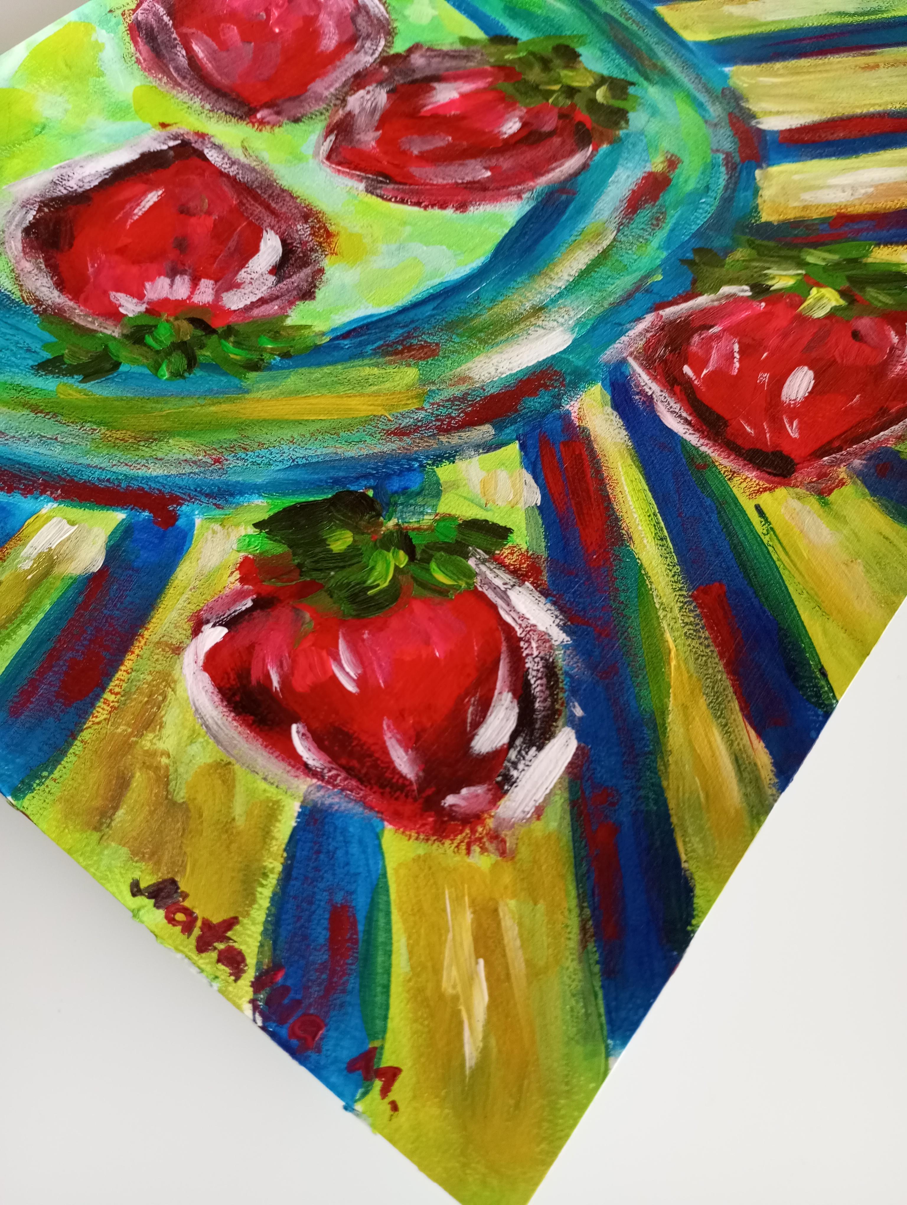 Pittura acrilica espressiva di natura morta contemporanea di fragole su carta in vendita 11