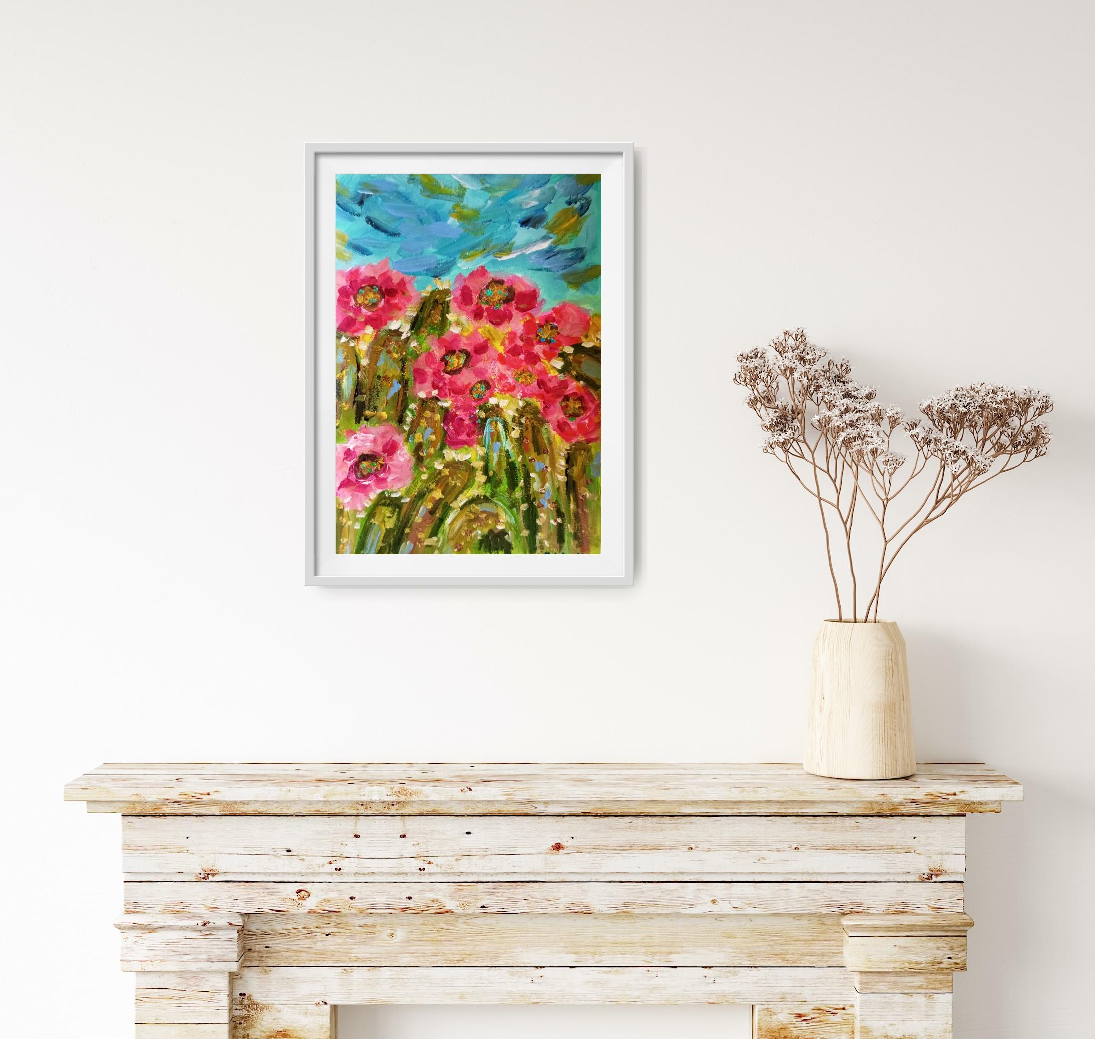Preciosas flores de cactus (pintura de colores sobre papel) - Art de Natalya Mougenot 