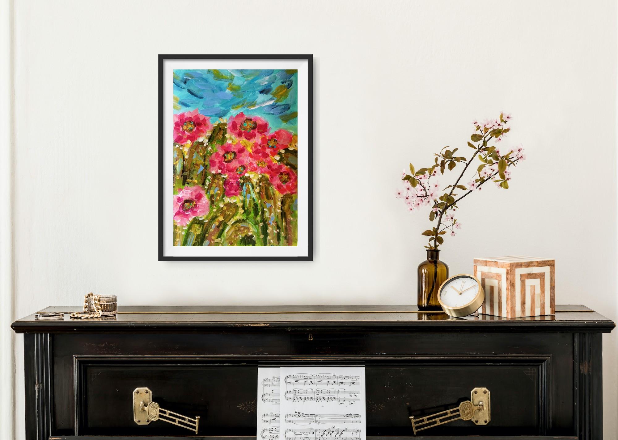 Preciosas flores de cactus (pintura de colores sobre papel) - Landscape Art Marrón de Natalya Mougenot 
