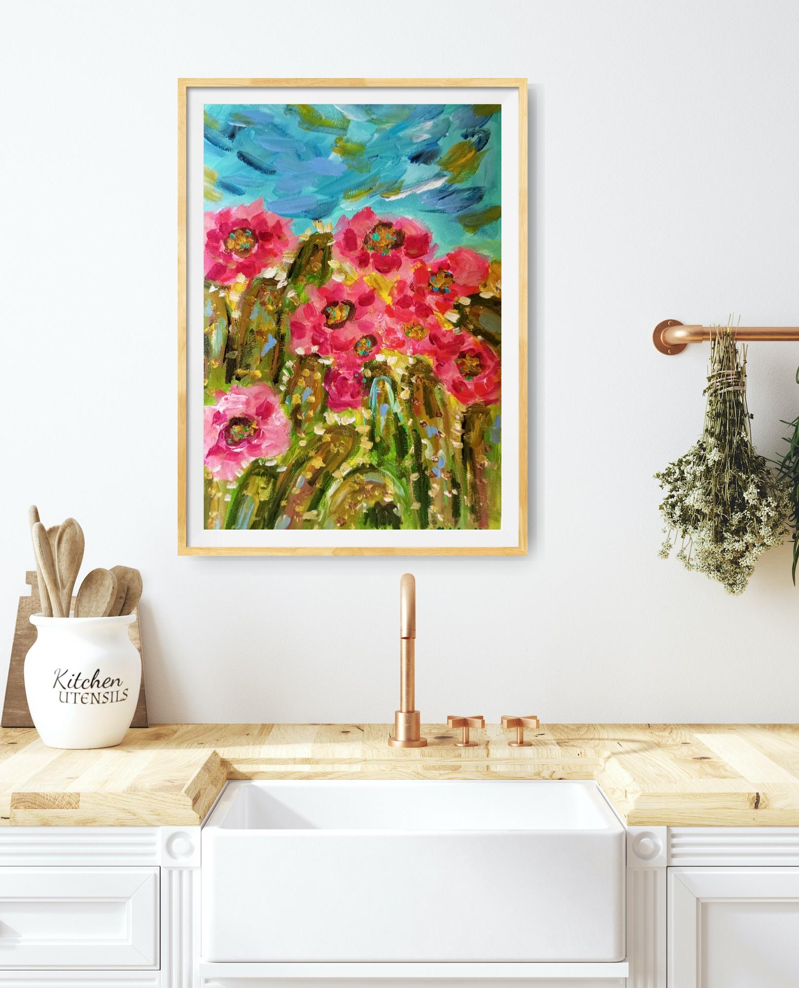 Preciosas flores de cactus (pintura de colores sobre papel) en venta 1