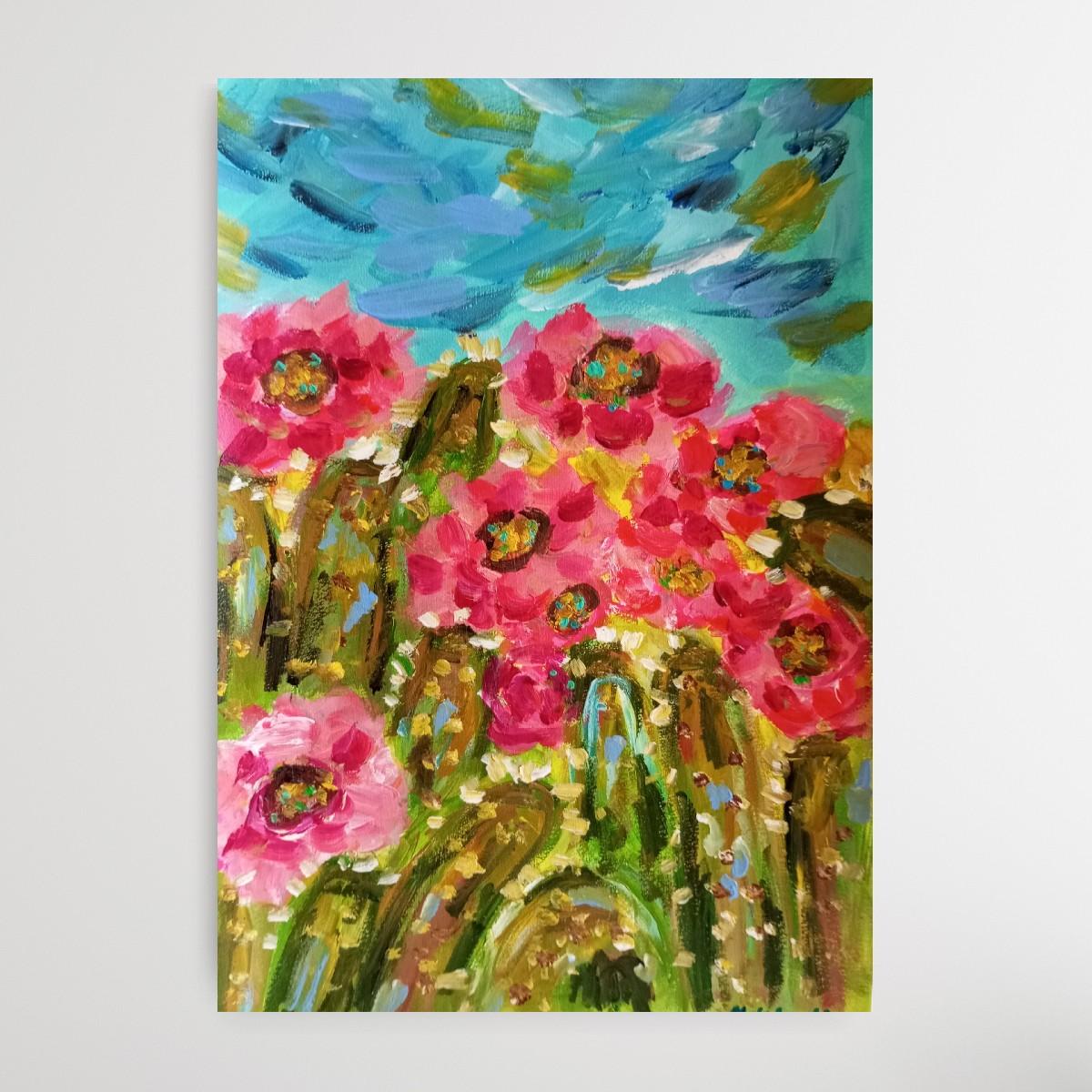 Preciosas flores de cactus (pintura de colores sobre papel) en venta 3