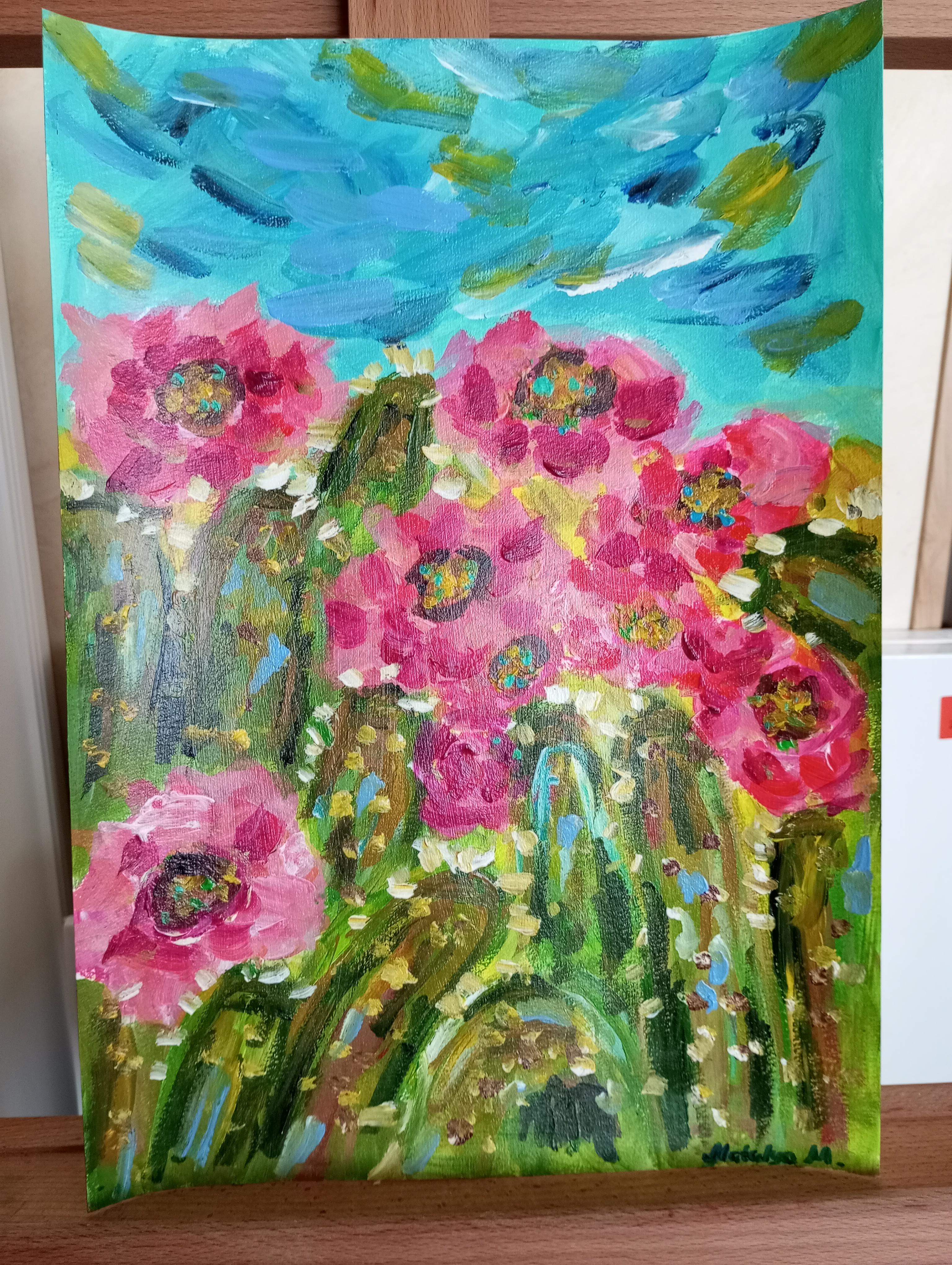 Preciosas flores de cactus (pintura de colores sobre papel) en venta 7