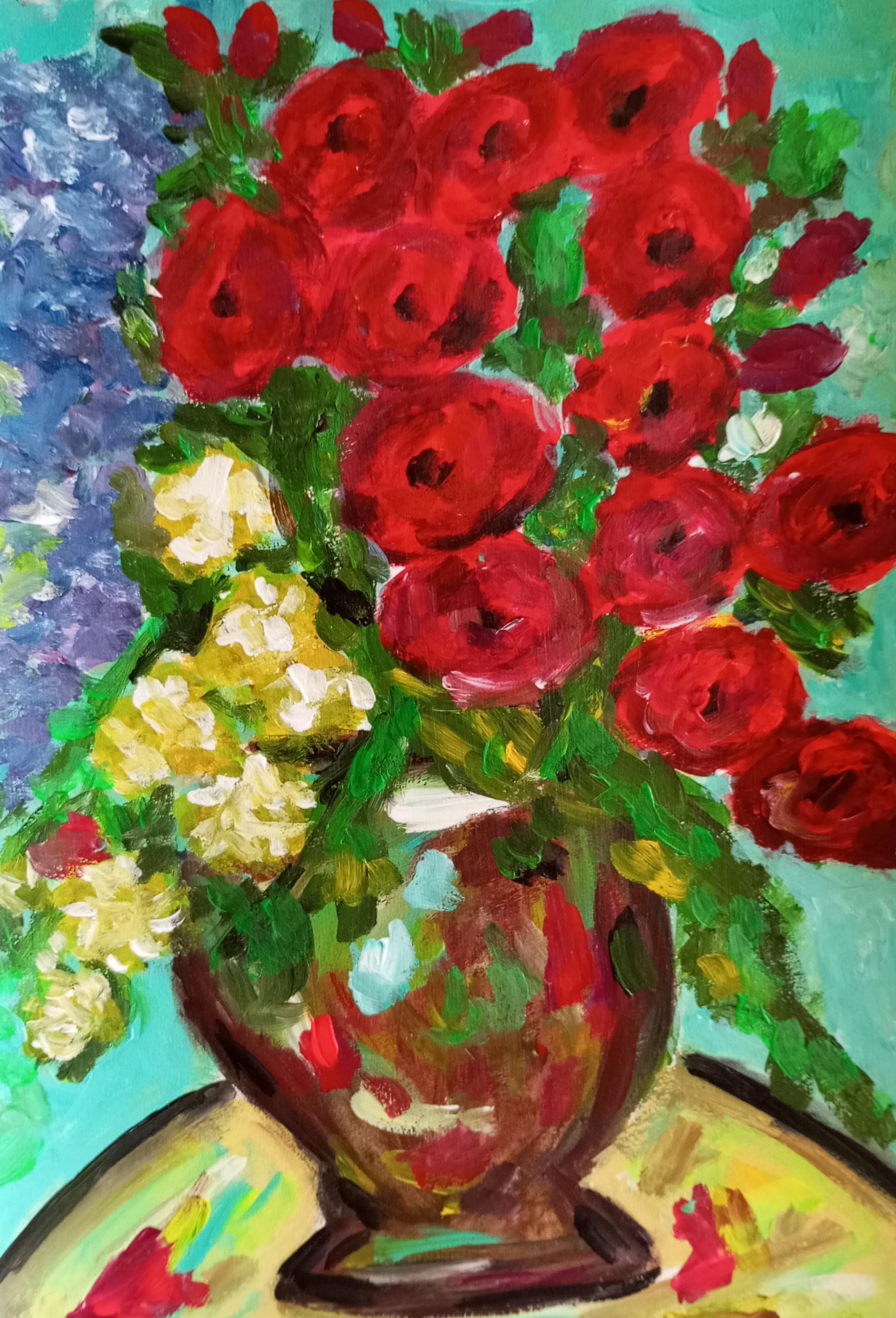 Landscape Art de Natalya Mougenot  - "Amapolas rojas y margaritas en un jarrón" ( pintura floral expresiva moderna)