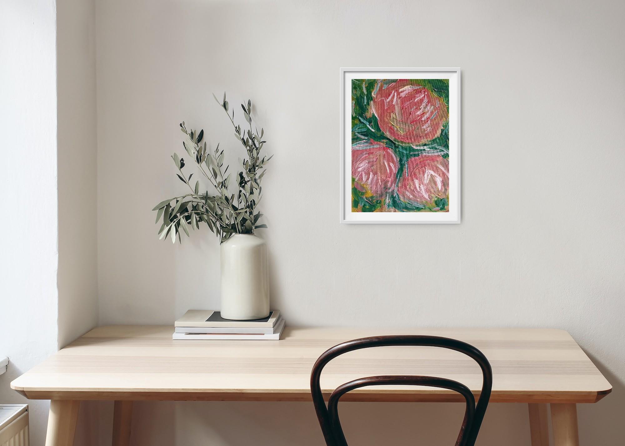 La bellezza di tre rose in fiore (pittura floreale a olio su carta) - Painting di Natalya Mougenot 