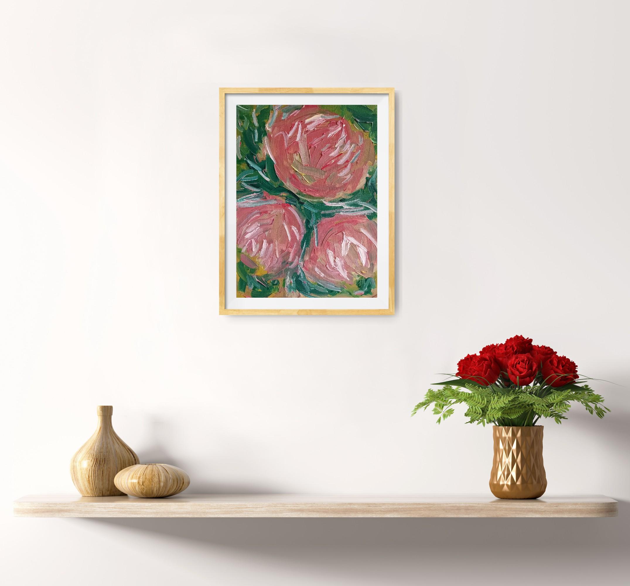 La bellezza di tre rose in fiore (pittura floreale a olio su carta) - Still-Life Painting Marrone di Natalya Mougenot 