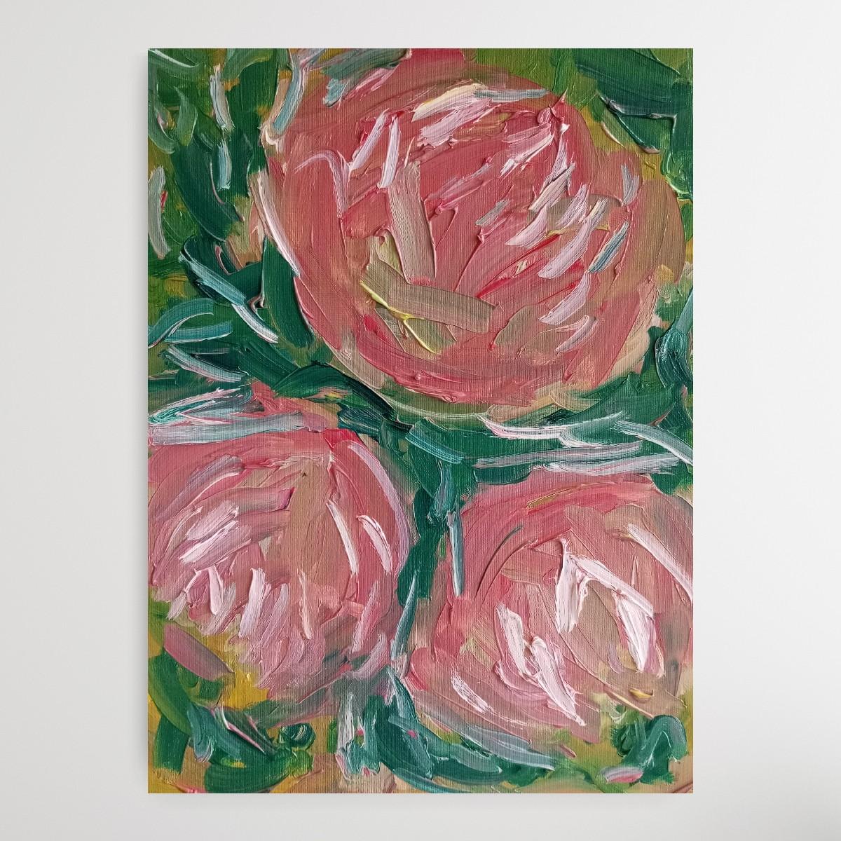 La bellezza di tre rose in fiore (pittura floreale a olio su carta) in vendita 2