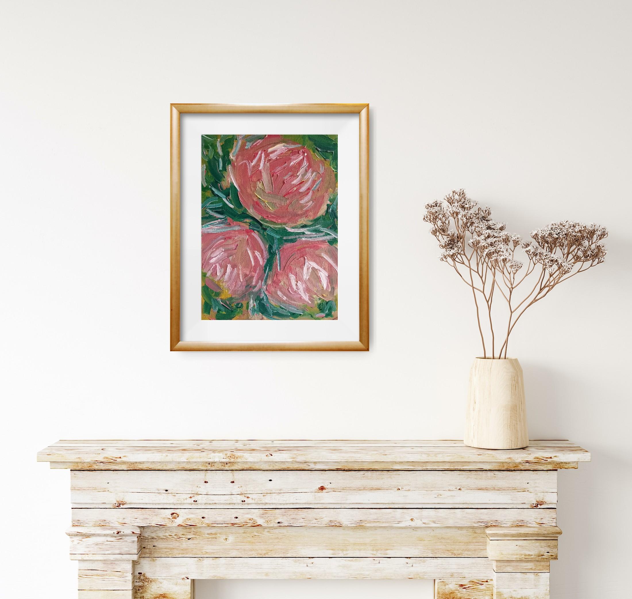 La bellezza di tre rose in fiore (pittura floreale a olio su carta) in vendita 1