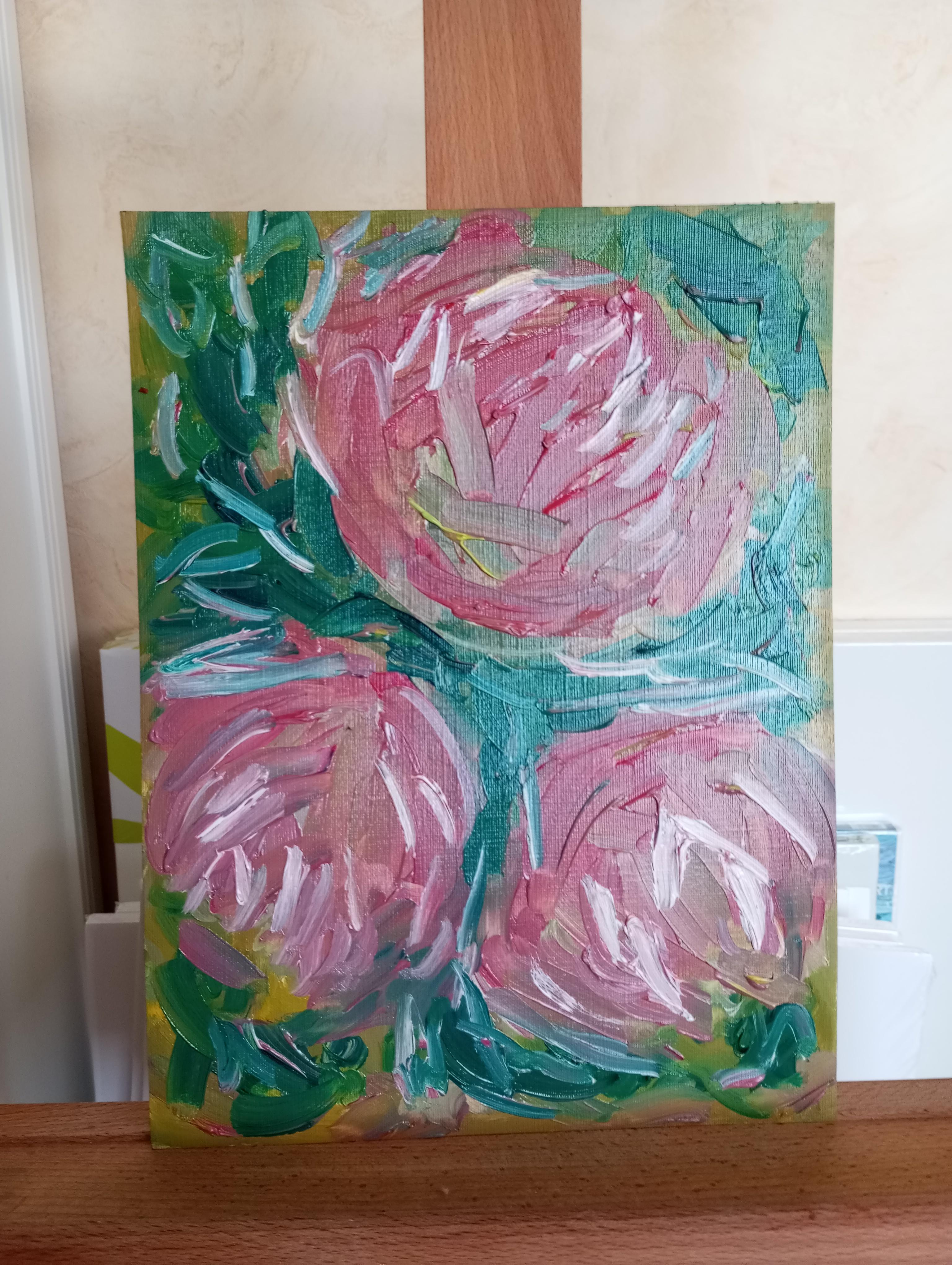 La bellezza di tre rose in fiore (pittura floreale a olio su carta) in vendita 3