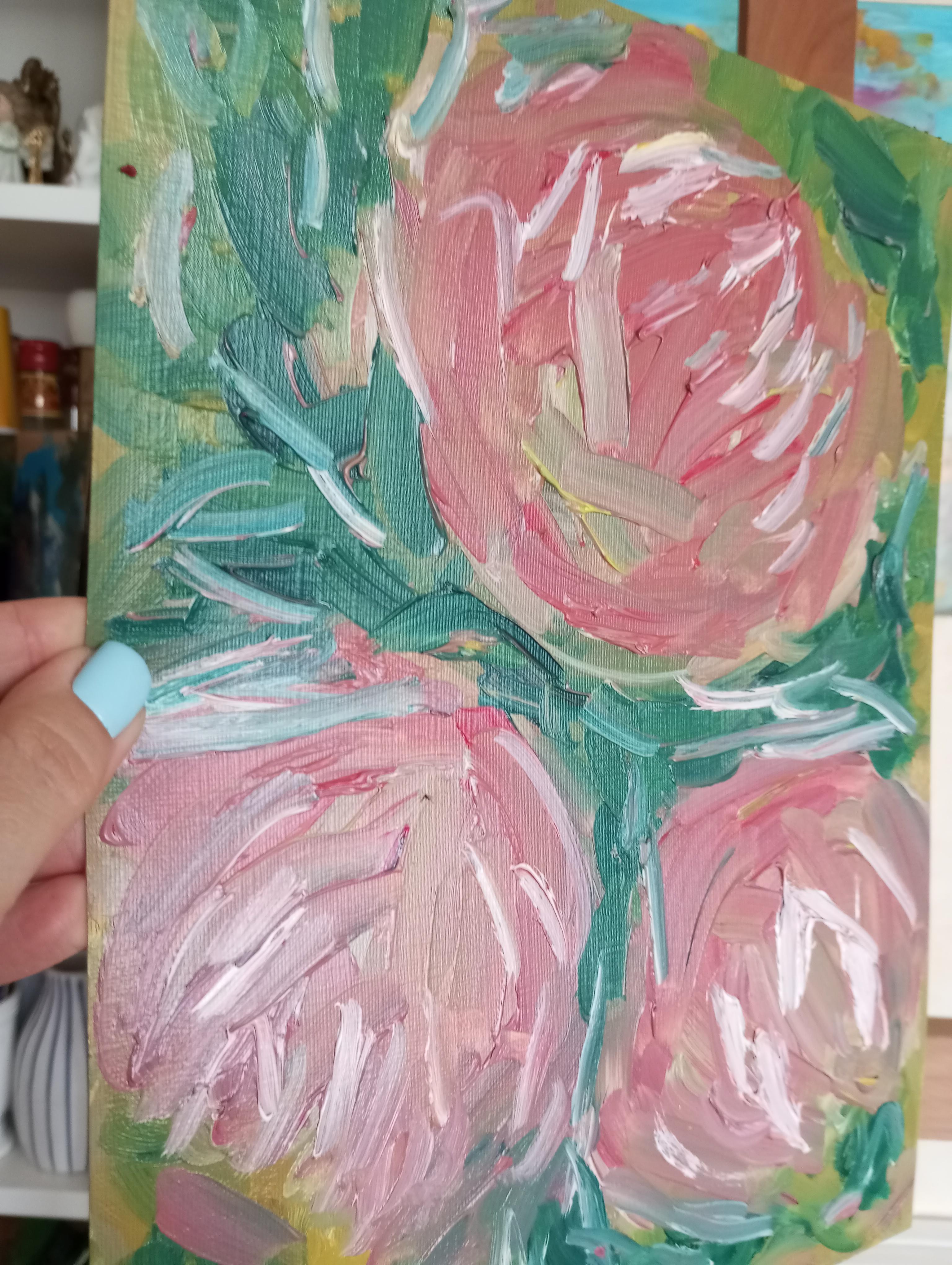 La bellezza di tre rose in fiore (pittura floreale a olio su carta) in vendita 4