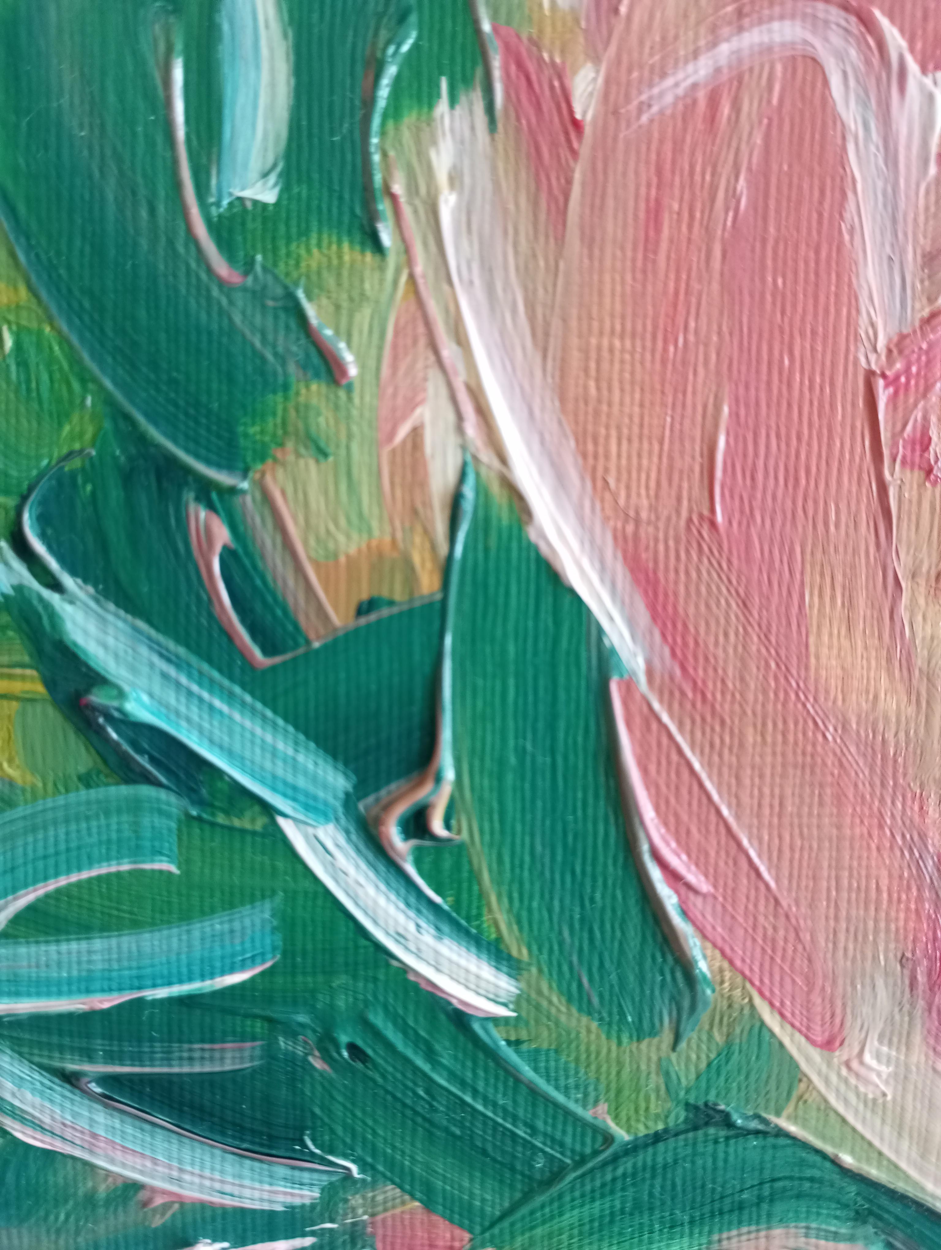 La bellezza di tre rose in fiore (pittura floreale a olio su carta) in vendita 7