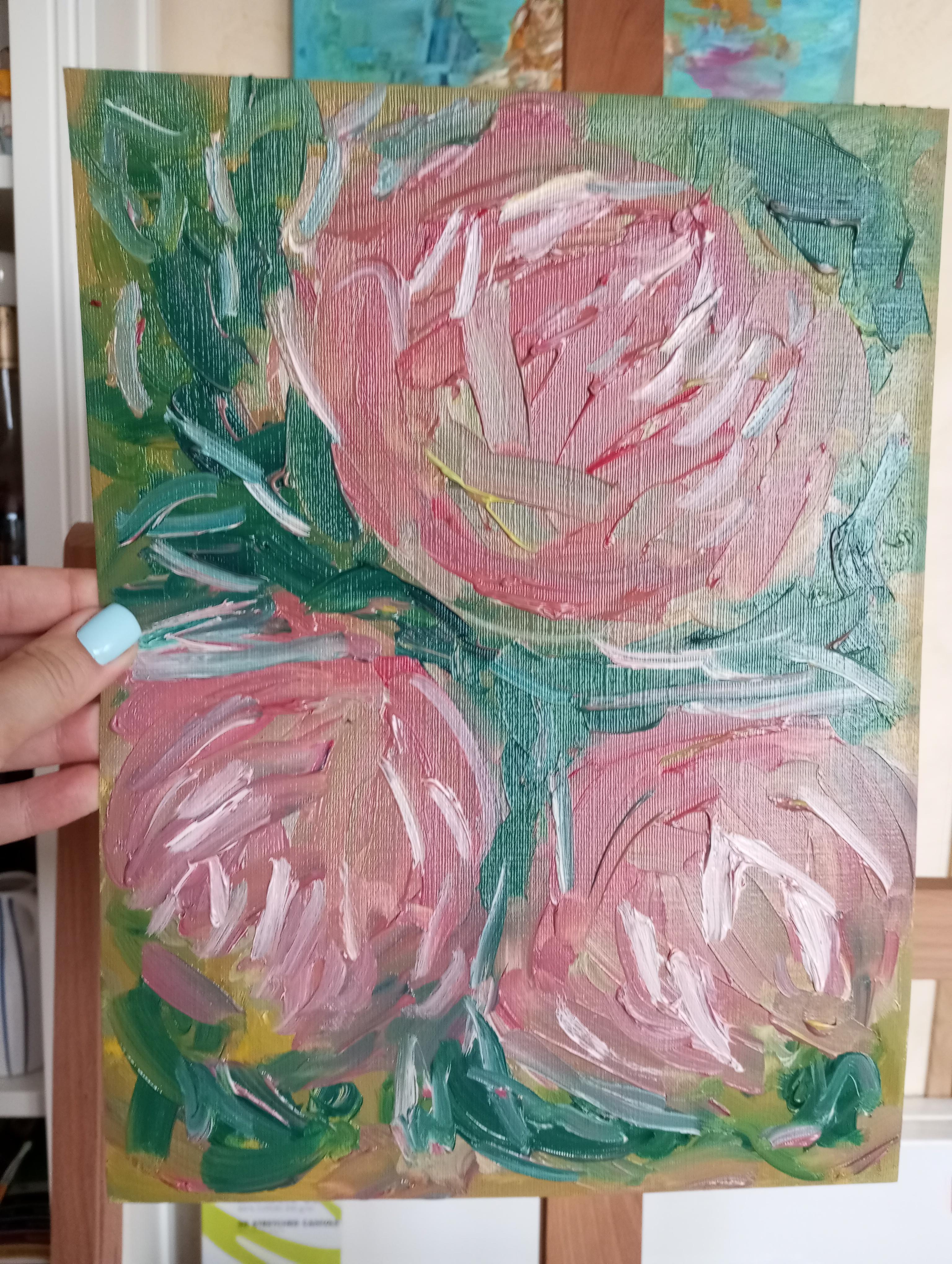 La bellezza di tre rose in fiore (pittura floreale a olio su carta) in vendita 5