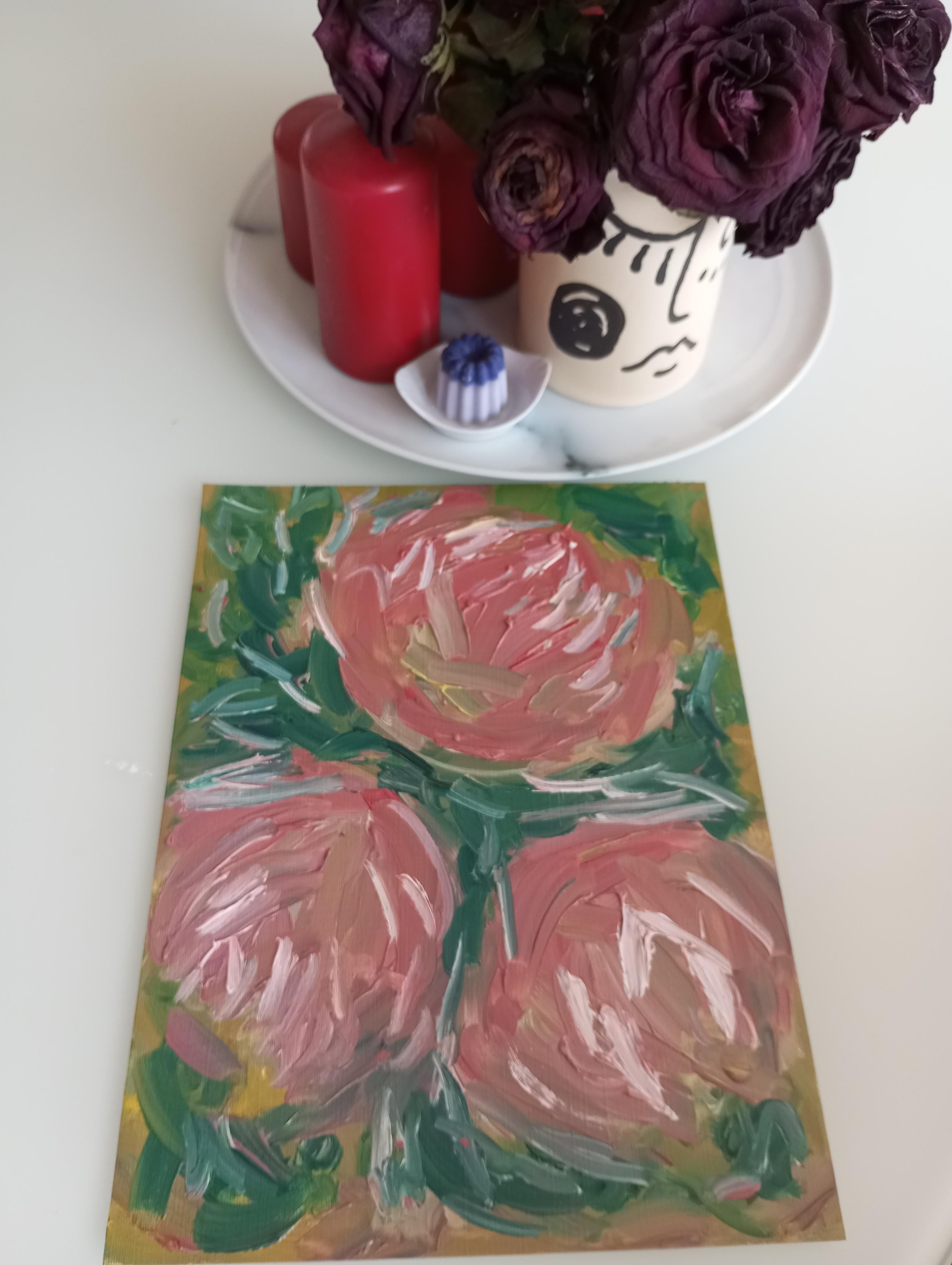 La bellezza di tre rose in fiore (pittura floreale a olio su carta) in vendita 10