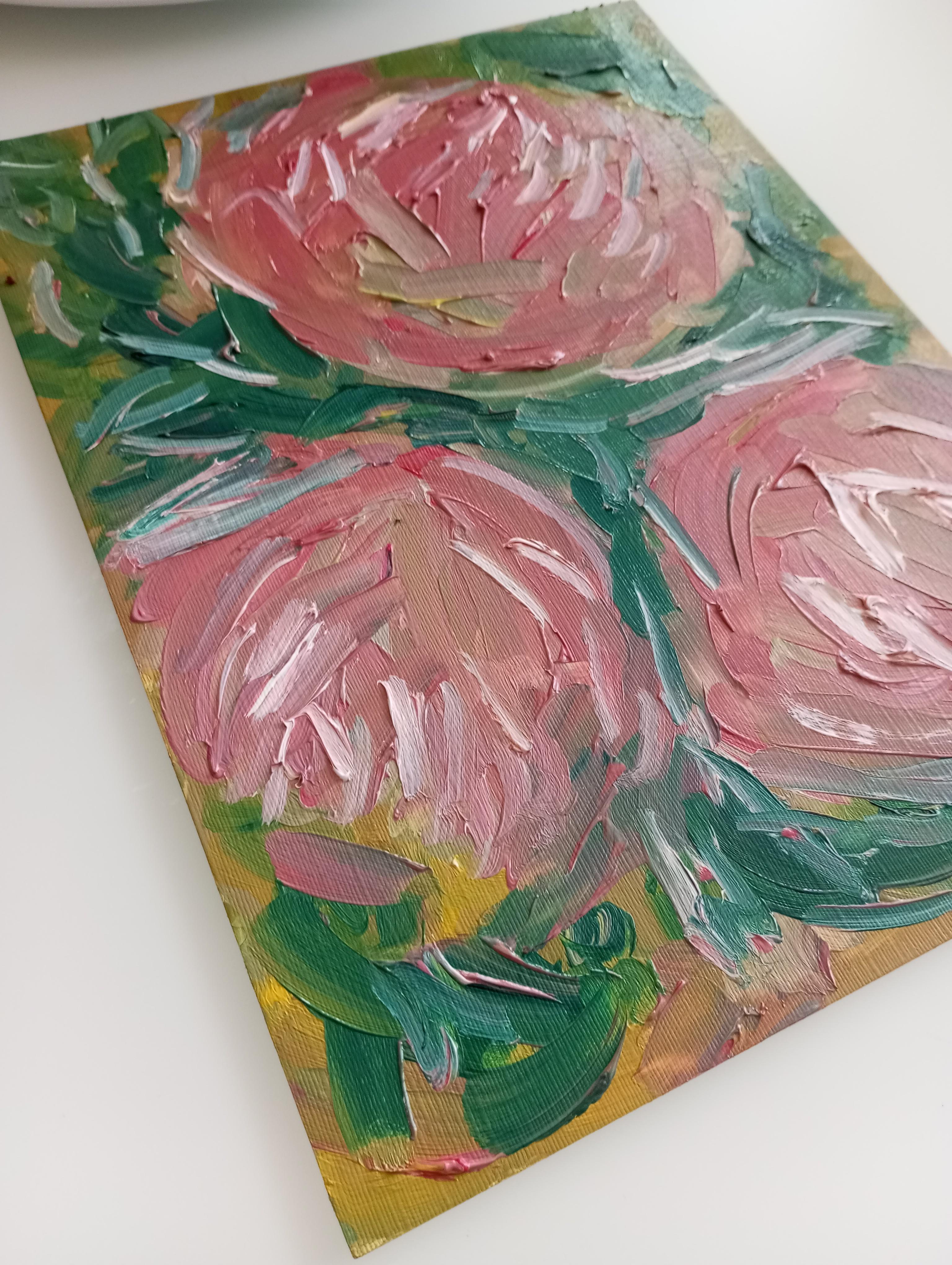 La bellezza di tre rose in fiore (pittura floreale a olio su carta) in vendita 12