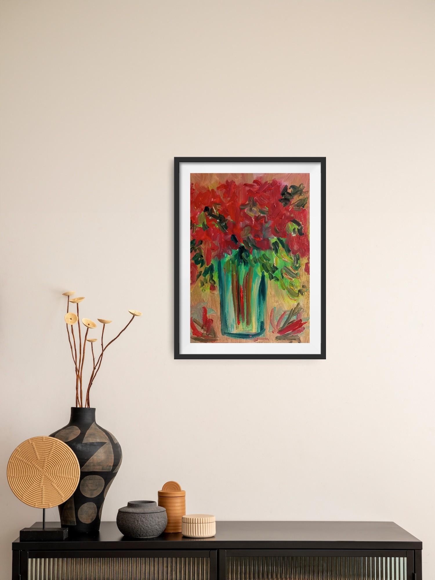 Hibisco floreciendo en un jarrón (arte floral contemporáneo al óleo) - Painting de Natalya Mougenot 