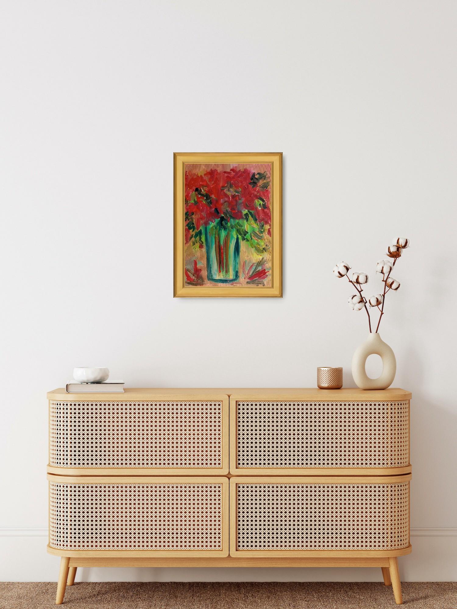 Hibisco floreciendo en un jarrón (arte floral contemporáneo al óleo) - Painting Impresionista de Natalya Mougenot 
