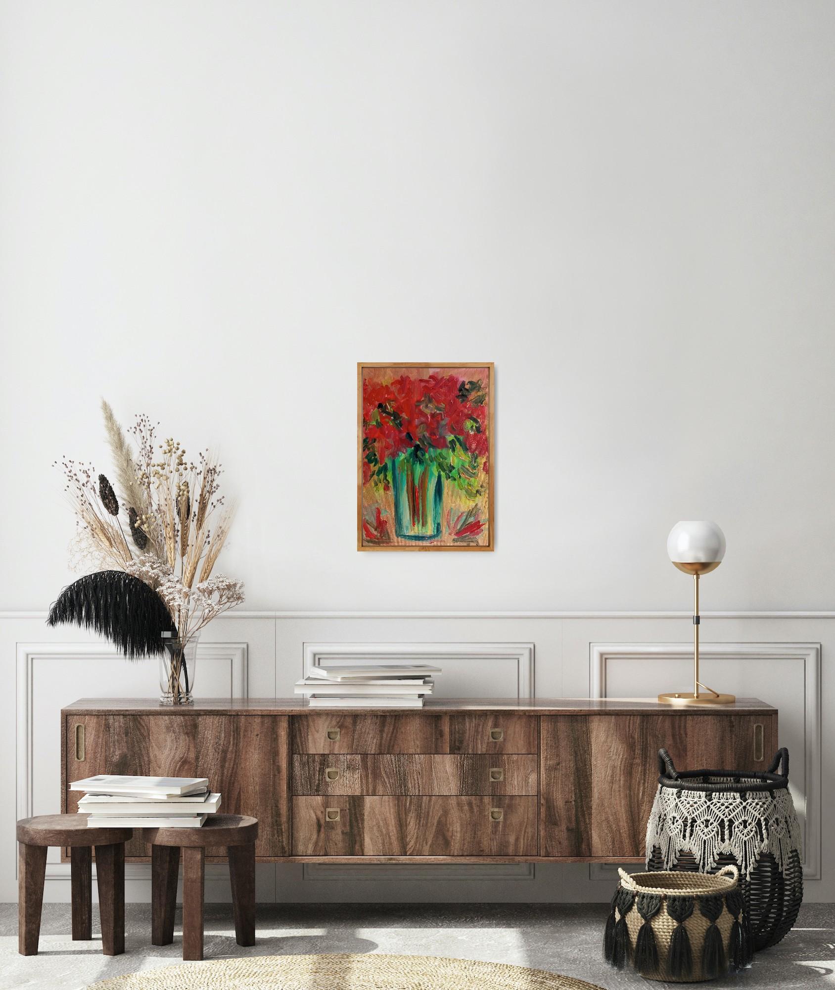 Hibisco floreciendo en un jarrón (arte floral contemporáneo al óleo) - Still-Life Painting Marrón de Natalya Mougenot 