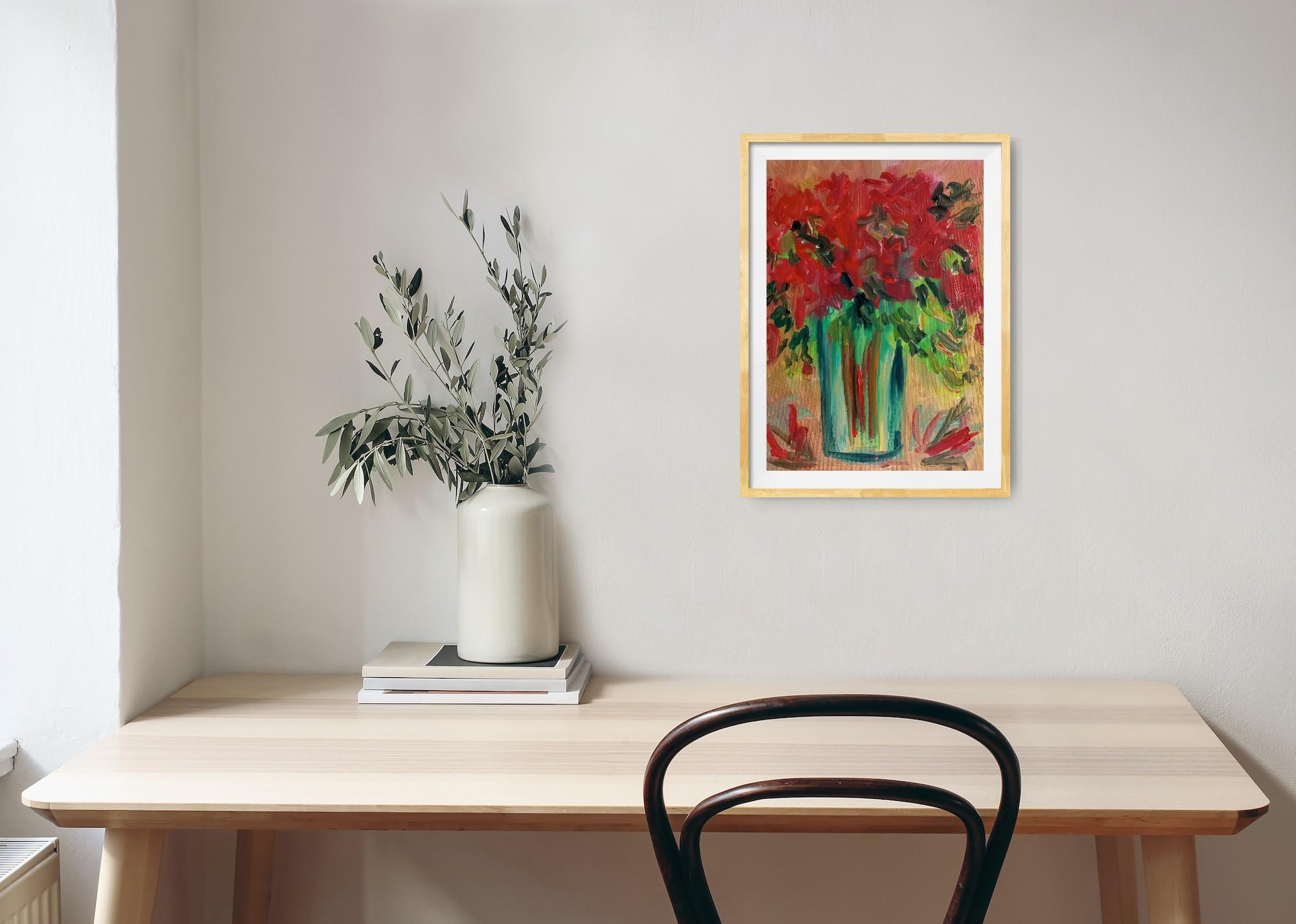 Hibisco floreciendo en un jarrón (arte floral contemporáneo al óleo) en venta 1