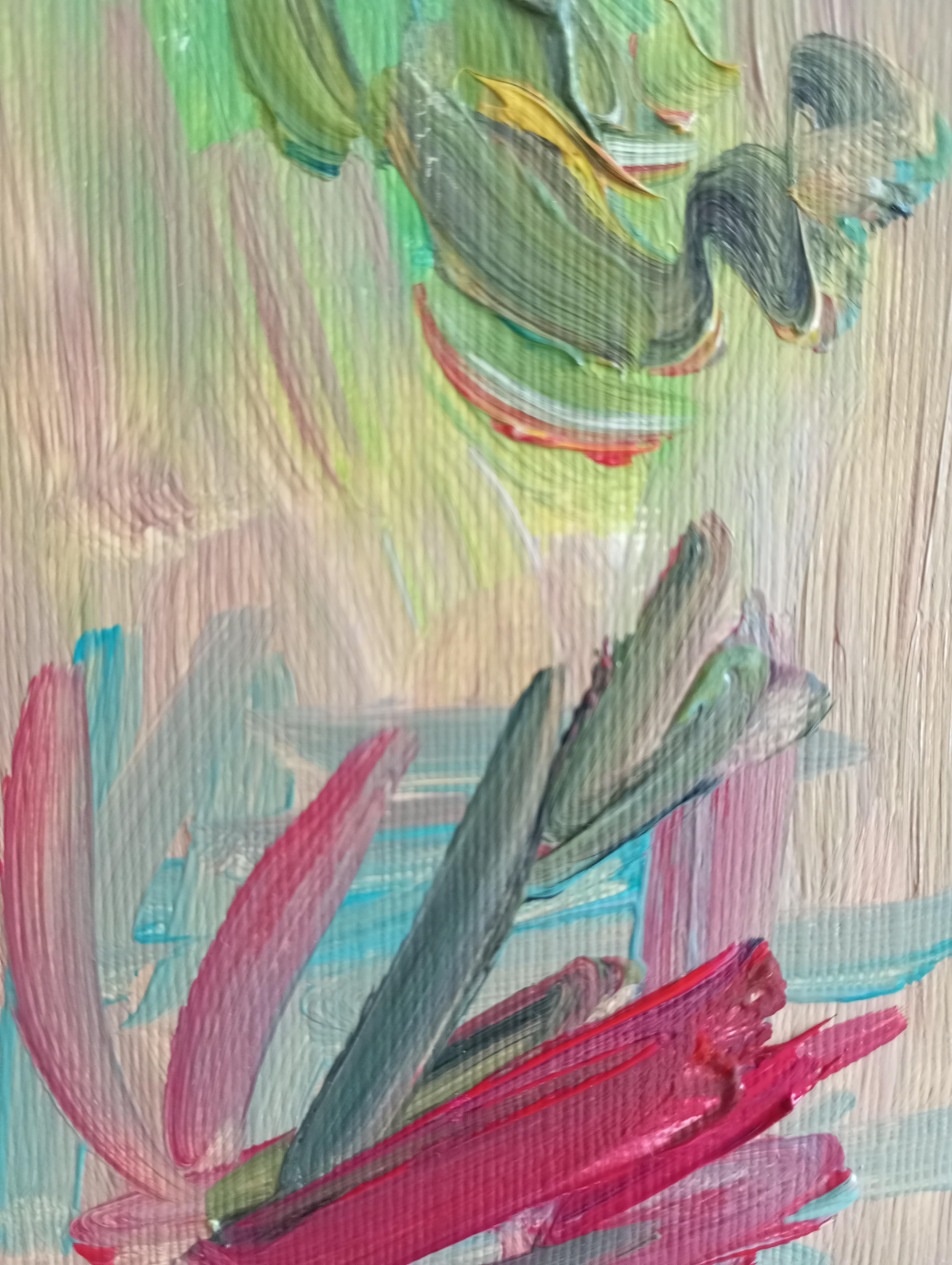 Hibisco floreciendo en un jarrón (arte floral contemporáneo al óleo) en venta 6